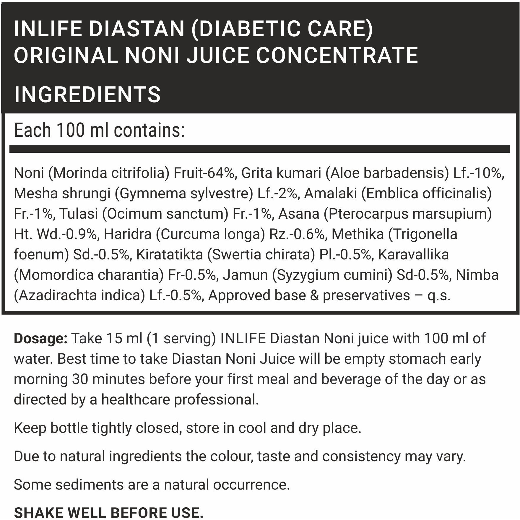 Inlife Diastan Noni For Diabetic Care, Juice Concentrate, Gymnema Sylvestre, Fenugreek, Karela, Jamun And Other Powerful Herbs - 1 Litre