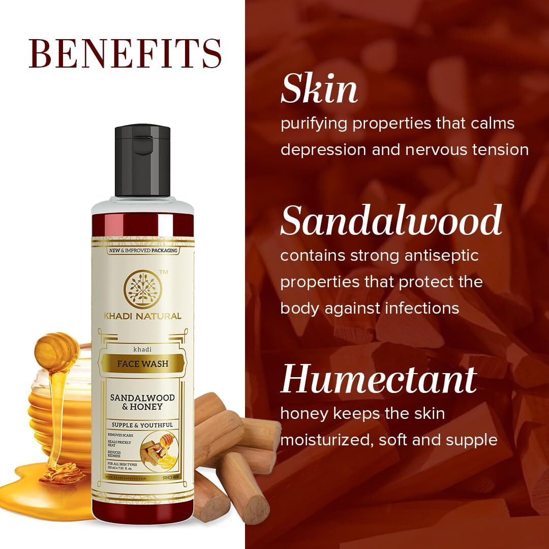 Khadi Natural Sandalwood & Honey Face Wash | Face Wash For Reducing Scars & Blemishes | Face Wash For Healthy Skin | Suitable For All Skin Types (210 Ml)