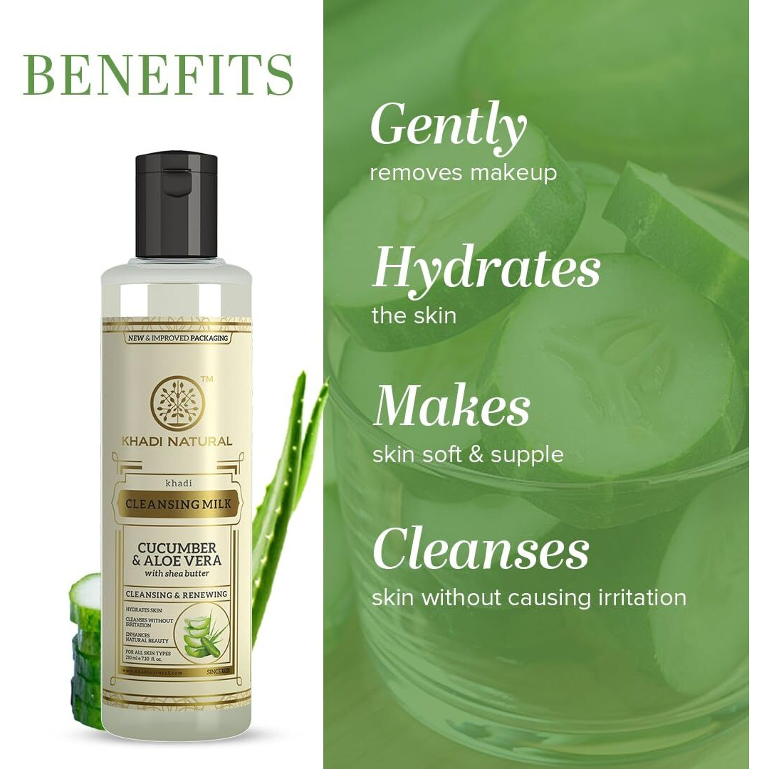 Khadi Natural Cucumber And Aloevera Cleansing Milk | Make Up Remover With Shea/Kokum Butter| Keeps Your Skin Toned| For All Skin Types | Rich In Anti-Oxidants| 210Ml
