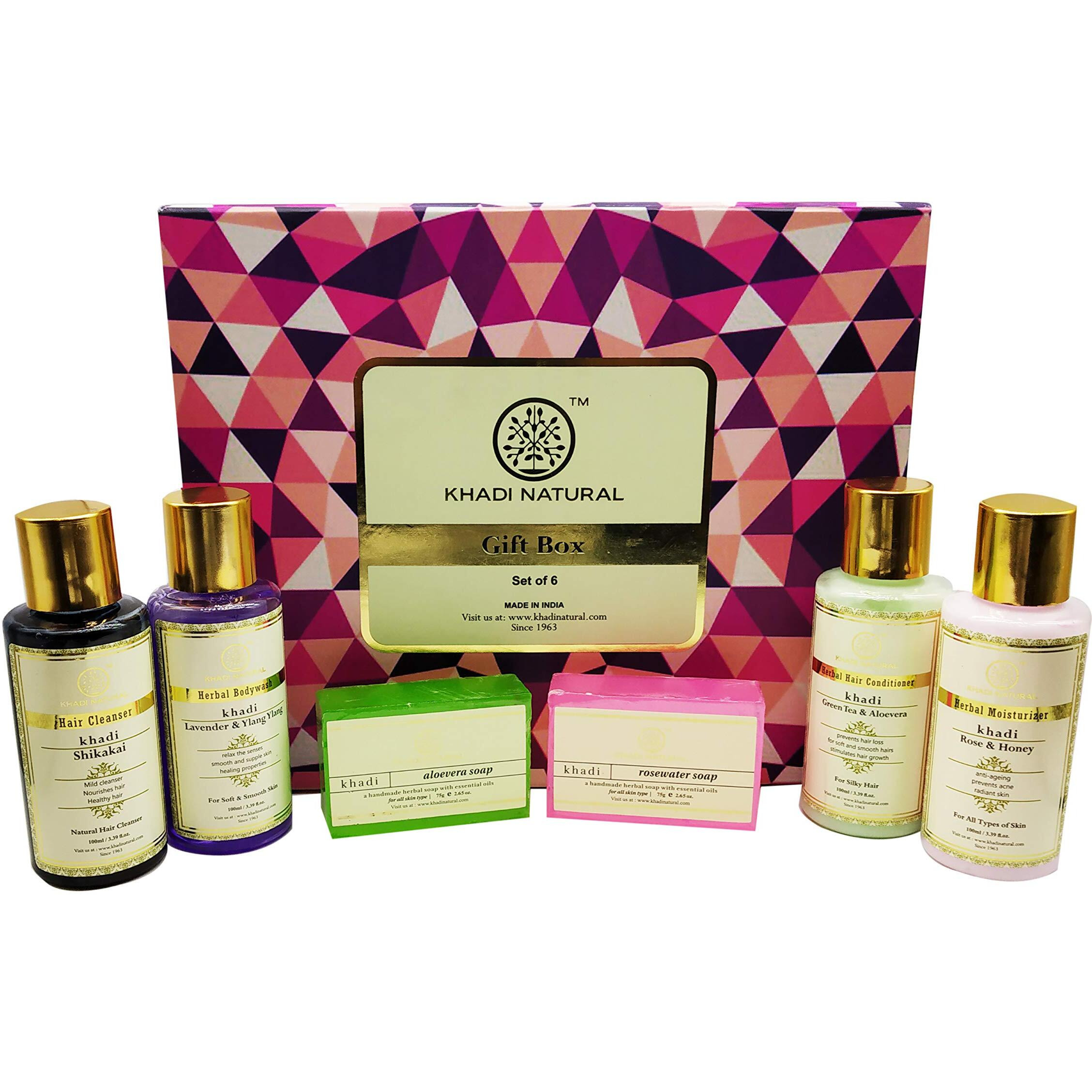 Khadi Natural Gift Box With Rose Water Soap, Aloe Vera Soap, Shikakai Cleanser, Green Tea & Aloe Vera Conditioner, Lavender & Ylang Ylang Body Wash & Rose & Honey Moisturizer | All Skin & Hair Types | Set Of 6
