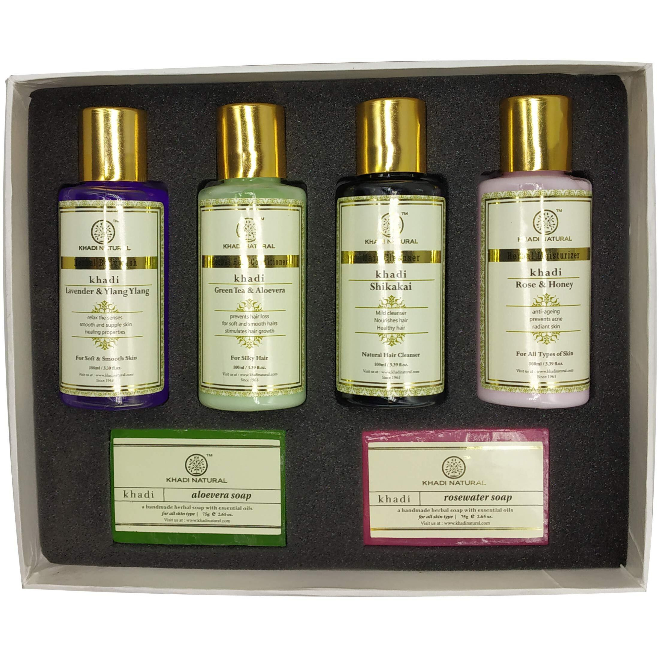 Khadi Natural Gift Box With Rose Water Soap, Aloe Vera Soap, Shikakai Cleanser, Green Tea & Aloe Vera Conditioner, Lavender & Ylang Ylang Body Wash & Rose & Honey Moisturizer | All Skin & Hair Types | Set Of 6