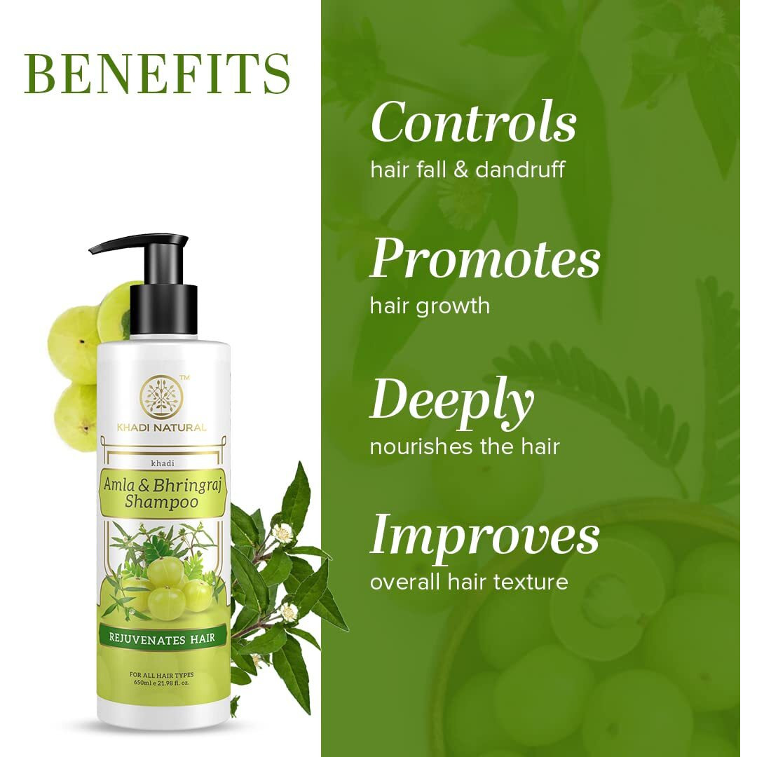 Khadi Natural Amla & Bhringraj Shampoo/Cleanser For Controlling Dandruff & Hair Fall | Shampoo For Reducing Scalp Irritation| Suitable For All Hair Types, 650 Ml