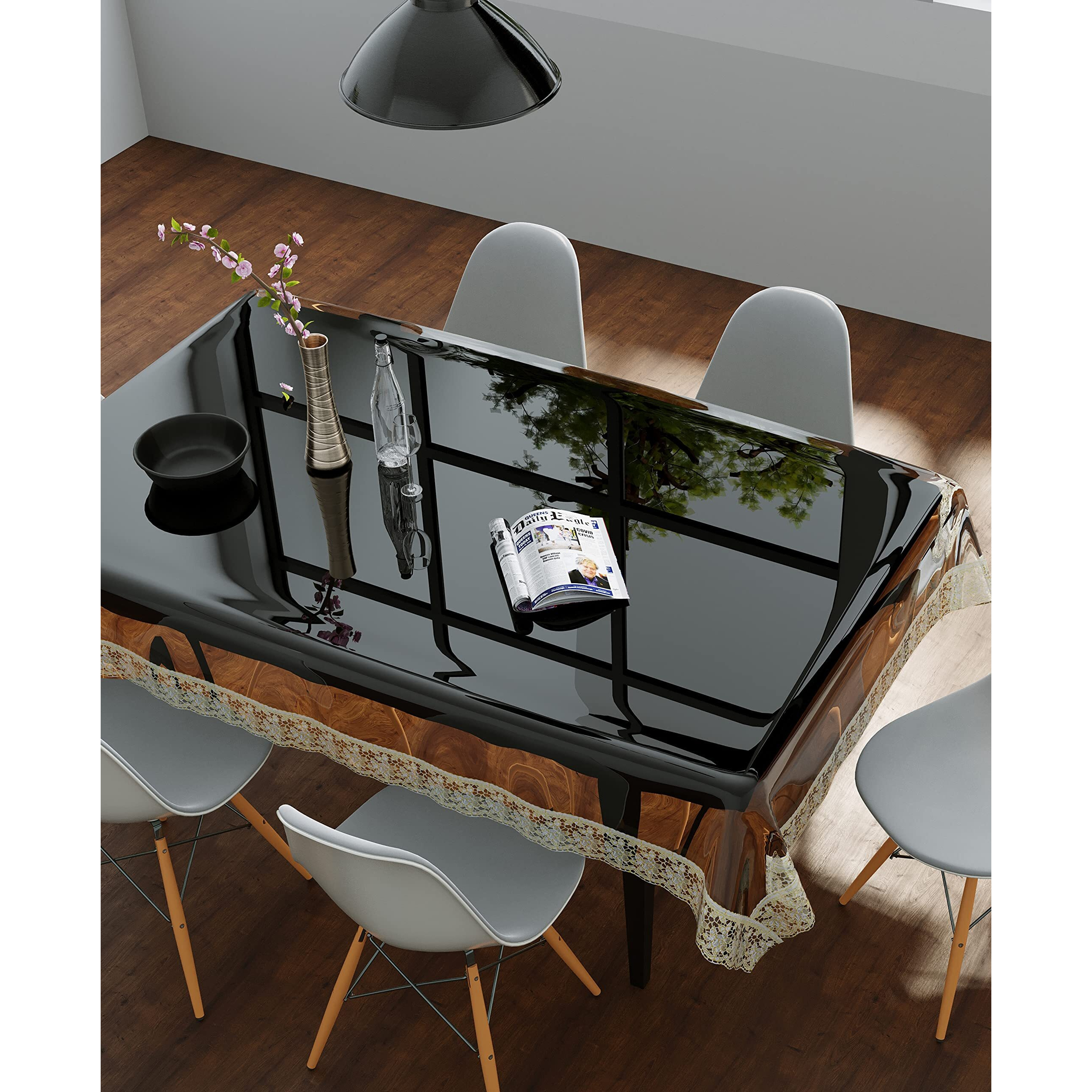 Clasiko 6 Seater Dining Table Cover Transparent With Golden Lace Size 60X90 Inches 30Mm