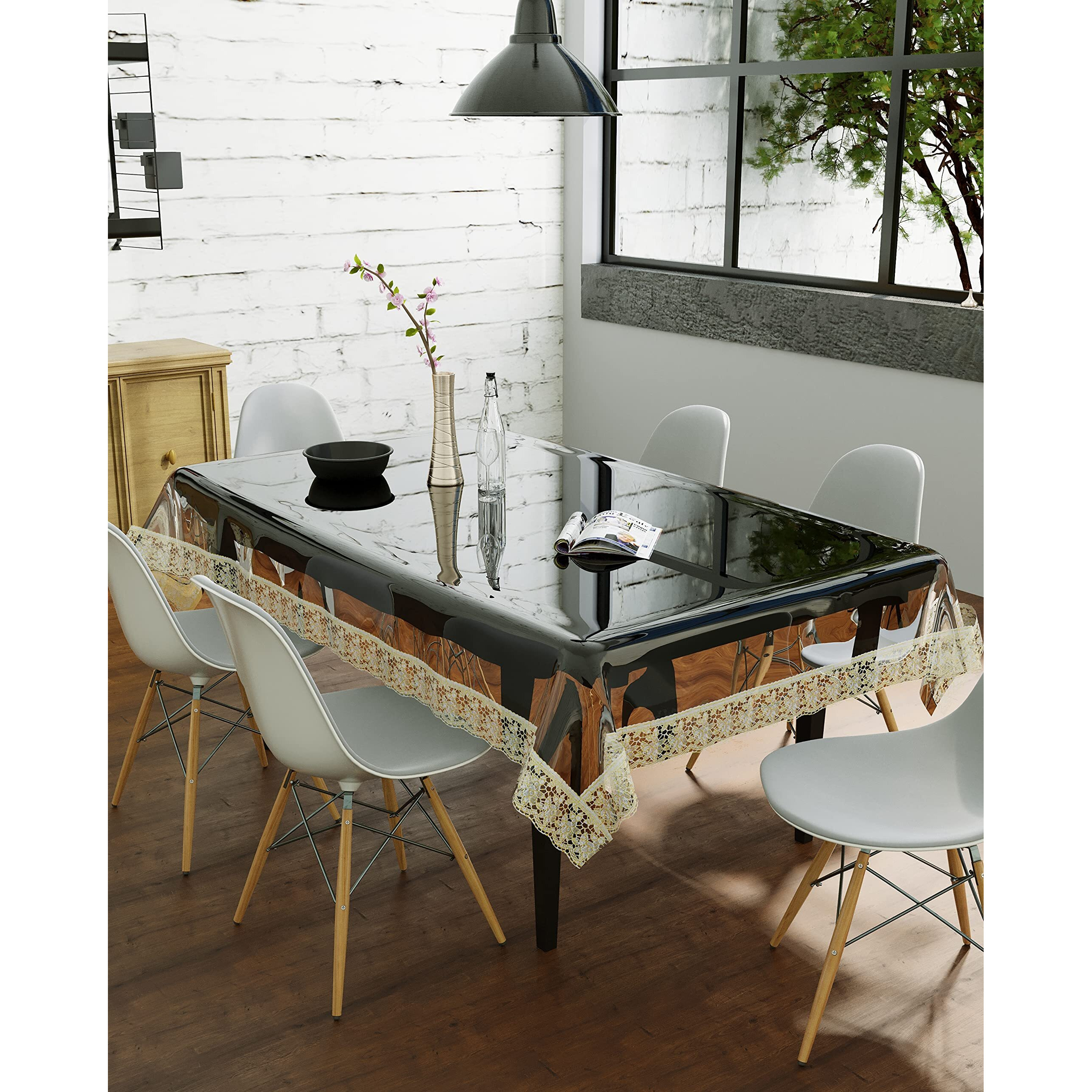 Clasiko 6 Seater Dining Table Cover Transparent With Golden Lace Size 60X90 Inches 30Mm
