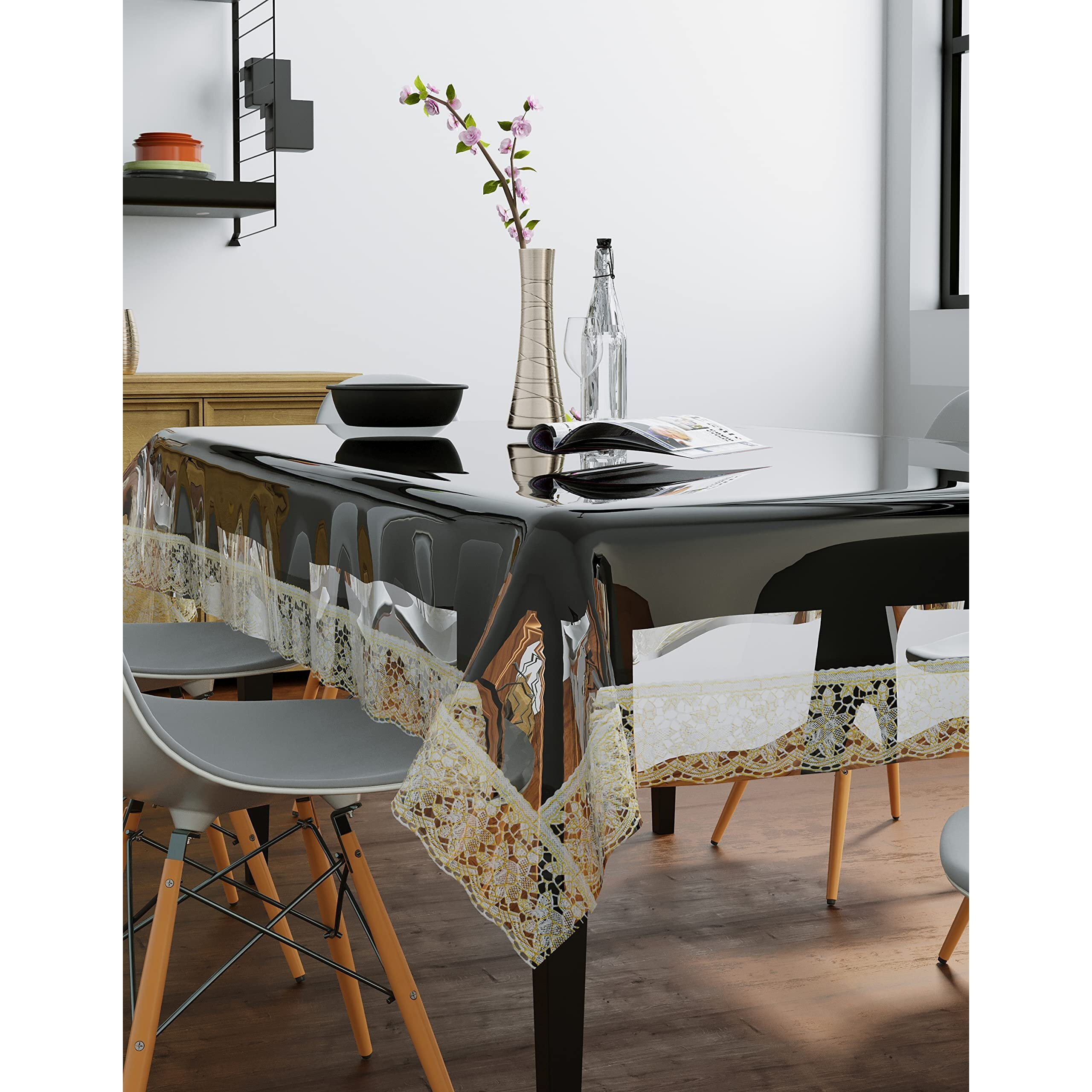 Clasiko 6 Seater Dining Table Cover Transparent With Golden Lace Size 60X90 Inches 30Mm
