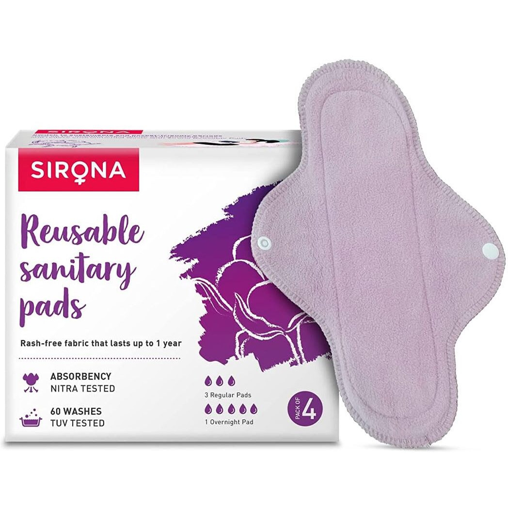 Sirona Reusable Pads For Women | 3 Regular Pads + 1 Overnight Pad | Cloth Pads For Women For Period, Reusable Sanitary Pads For Women, Rash Free Fabric, Skin Friendly, Lasts Up To 1 Year - (Pack Of 4)