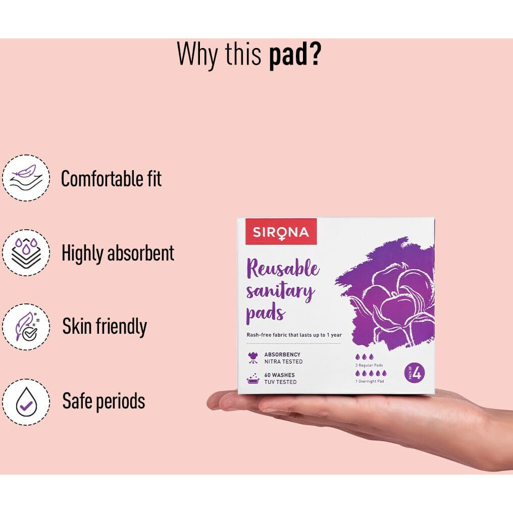 Sirona Reusable Pads For Women | 3 Regular Pads + 1 Overnight Pad | Cloth Pads For Women For Period, Reusable Sanitary Pads For Women, Rash Free Fabric, Skin Friendly, Lasts Up To 1 Year - (Pack Of 4)