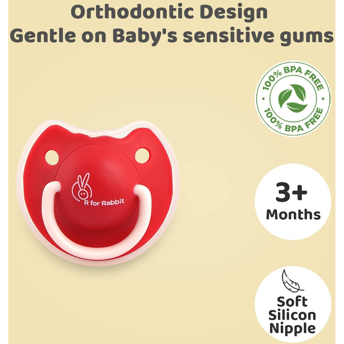 R For Rabbit Baby Tusky Pacifier Ultra Light Soft Silicone Nipple, Orthodontic Design, Bpa-Free For Kids Of 6 Months +|Large|Red