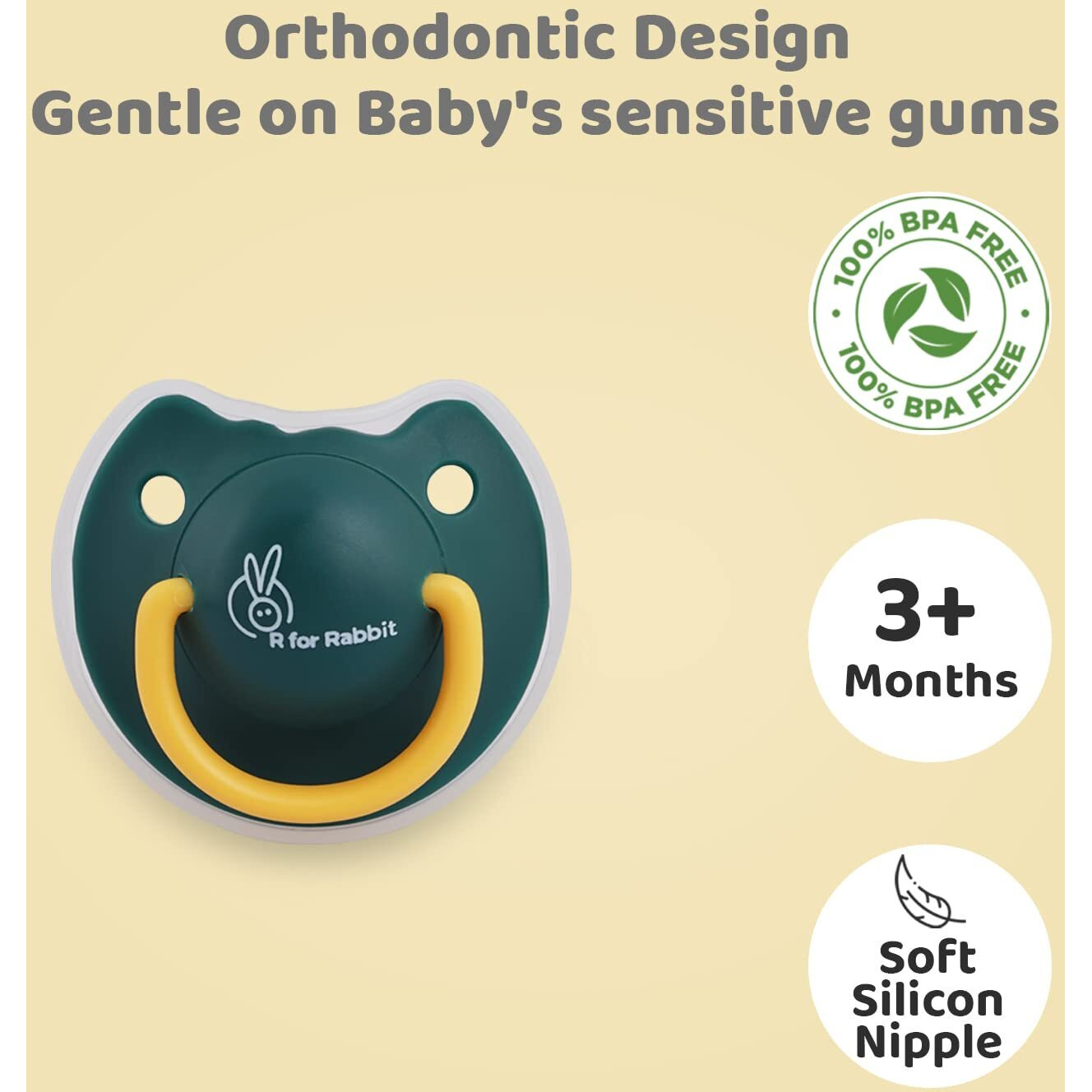 R For Rabbit Baby Tusky Pacifier Ultra Light Soft Silicone Nipple, Orthodontic Design, Bpa-Free For Kids Of 6 Months +|Medium|Green