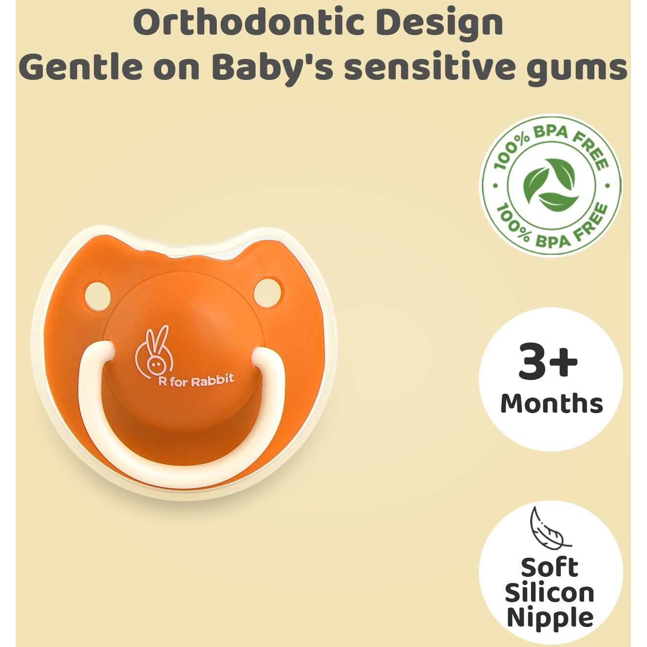 R For Rabbit Baby Tusky Pacifier Ultra Light Soft Silicone Nipple, Orthodontic Design, Bpa-Free For Kids Of 6 Months +|Large|Orange