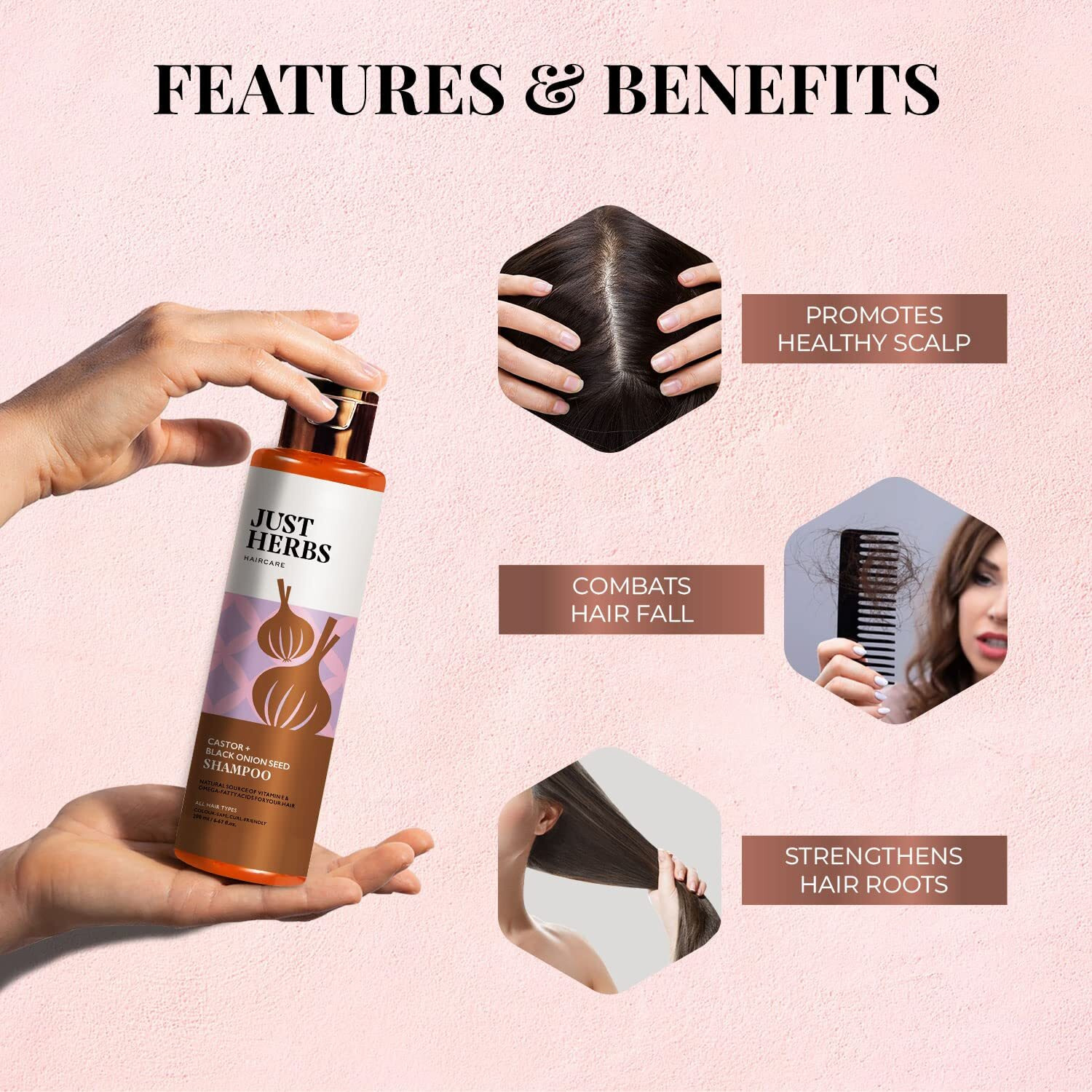 Just Herbs Castor And Black Onion Seed Sulfate Free Shampoo Reduce Hairfall,Hair Loss For Dry And Frizzy, Normal Hair Types Men & Women - 200Ml