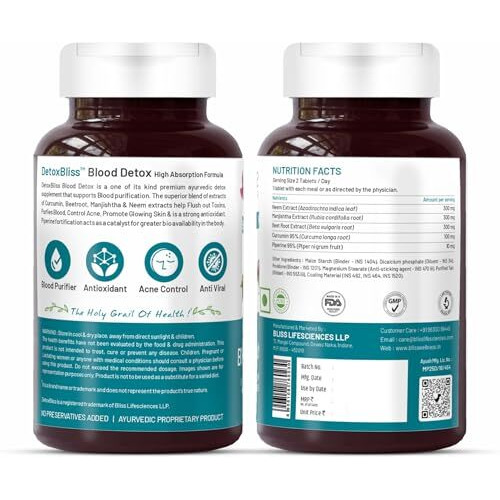 Bliss Welness Blood Detox | Curcumin Beetroot Manjistha Neem Extract | Blood Purifier Acne & Pimple Control Radiant Skin Anti Bacterial Ayurvedic Herbal Supplement - 60 Vegetarian Tablets