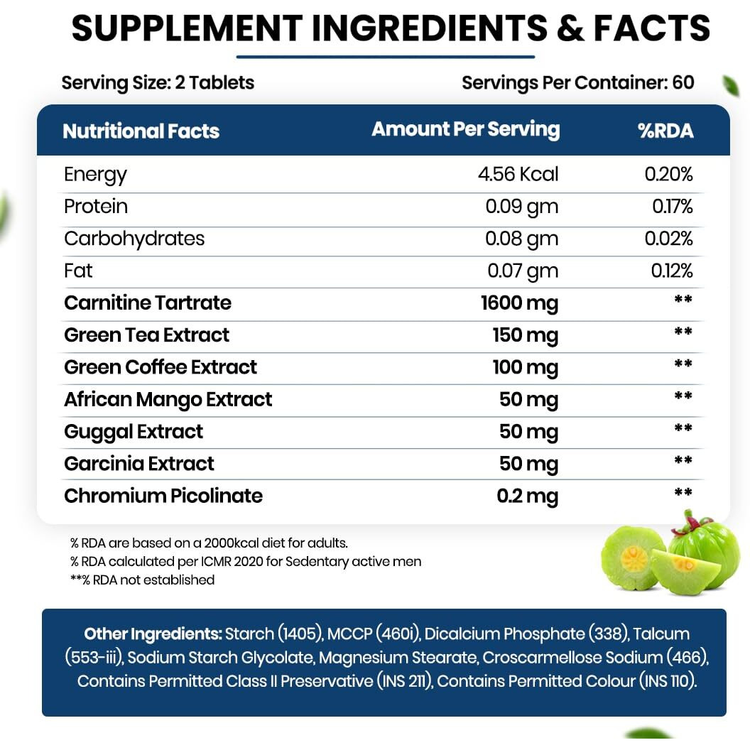 VladoS Himalayan Organics L-Carnitine L-Tartrate With Green Tea Extract 2000 Mg | Healthy Weight Management | Supports Muscle Recovery, Boost Energy, Endurance And Fat Burn -120 Vegetarian Tablets