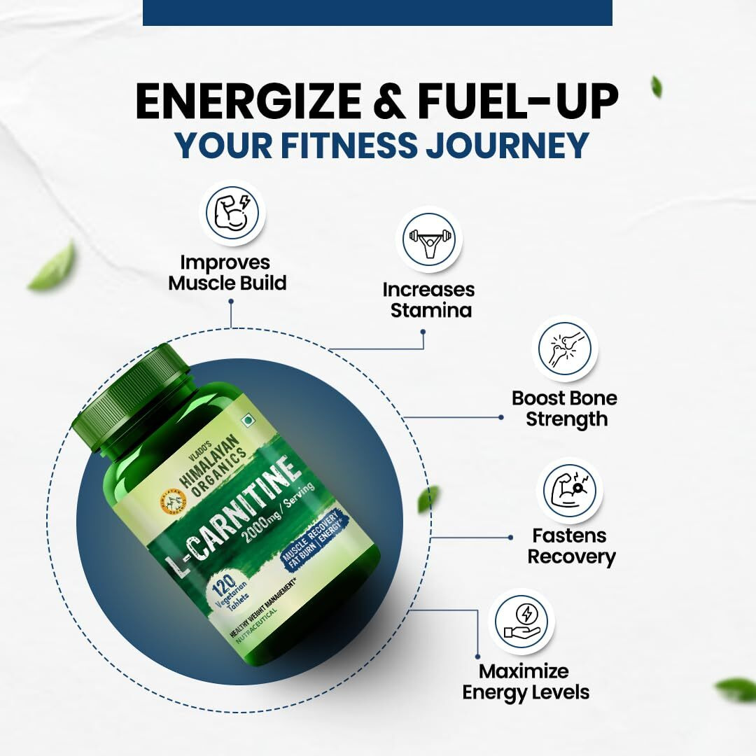 VladoS Himalayan Organics L-Carnitine L-Tartrate With Green Tea Extract 2000 Mg | Healthy Weight Management | Supports Muscle Recovery, Boost Energy, Endurance And Fat Burn -120 Vegetarian Tablets