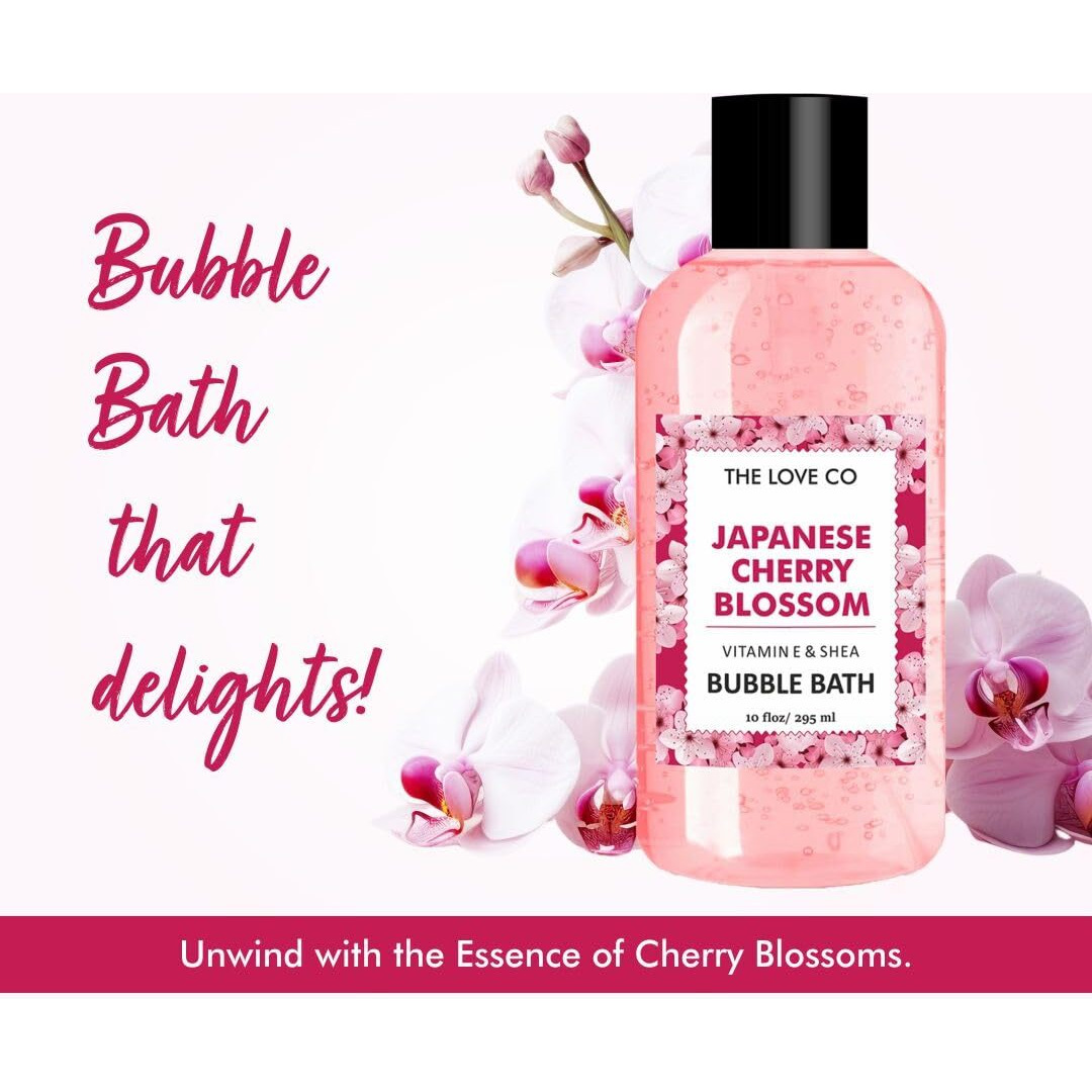 The Love Co. Luxury Japanese Cherry Blossom Bubble Bath - Aromatherapy Soap And Bath Oil With Epsom Salt For Dry Skin - Moisturizing And Soothing - Suitable For All Ages And Sensitive Skin - Luxury Bubble Bath For Self-Care - 295Ml