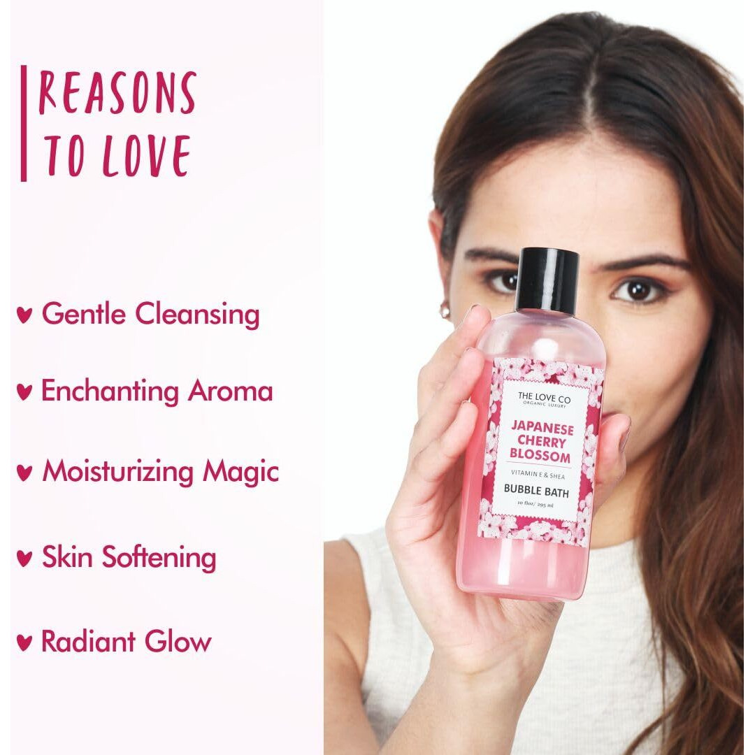The Love Co. Luxury Japanese Cherry Blossom Bubble Bath - Aromatherapy Soap And Bath Oil With Epsom Salt For Dry Skin - Moisturizing And Soothing - Suitable For All Ages And Sensitive Skin - Luxury Bubble Bath For Self-Care - 295Ml