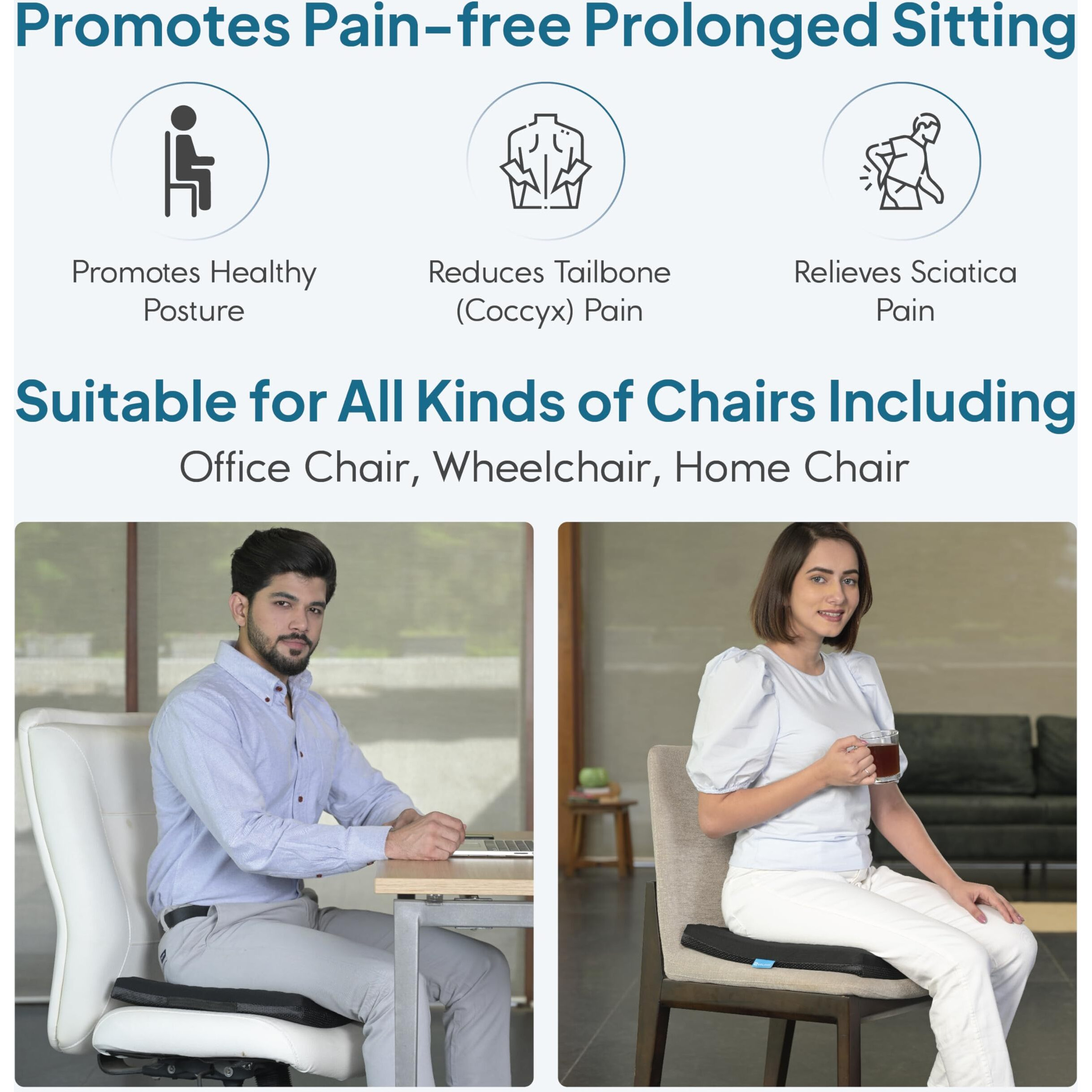 Gelride Gel Seat Cushion - Prevents Pressure Sores, Sciatica And Tailbone Pain - Grid Design, Cool & Soft - For Office Chair, Wheelchair - Made In India, (Black, Large - 18 X 16.5 X 2 Inch)