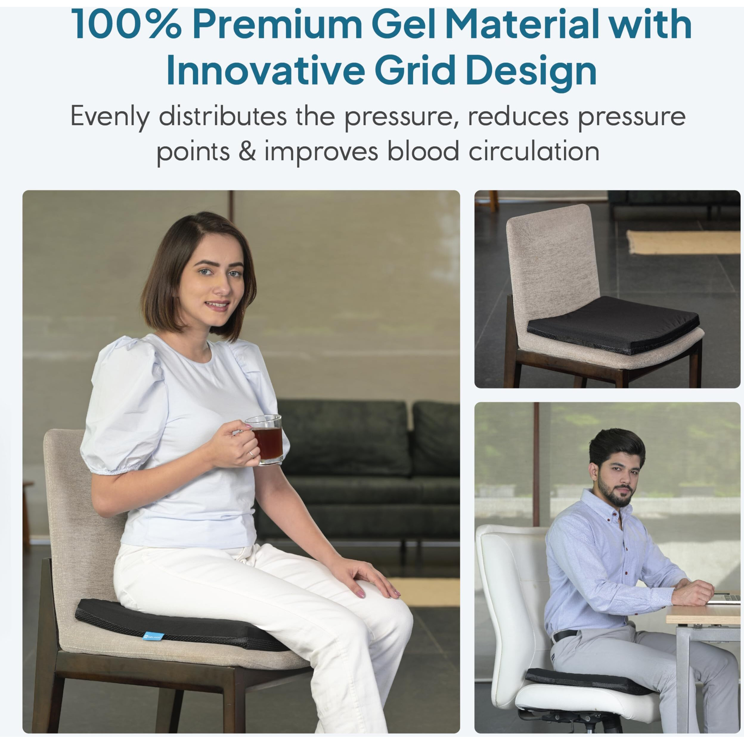 Gelride Gel Seat Cushion - Prevents Pressure Sores, Sciatica And Tailbone Pain - Grid Design, Cool & Soft - For Office Chair, Wheelchair - Made In India, (Black, Large - 18 X 16.5 X 2 Inch)