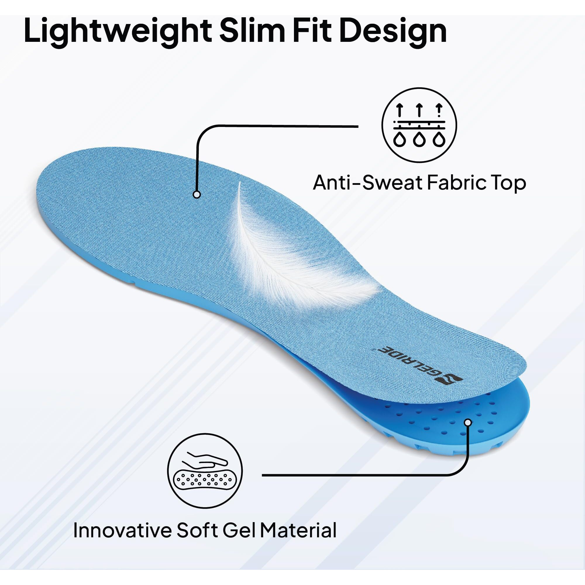 Gelride Regular Shoe Featherlite Insole For Walking, Running, Sports, Formal And Safety Shoes - Support Heel, Arch And Ball Of Foot, All Day Comfort - Made In India (Pack Of 2 Pair, 5-9 Uk)