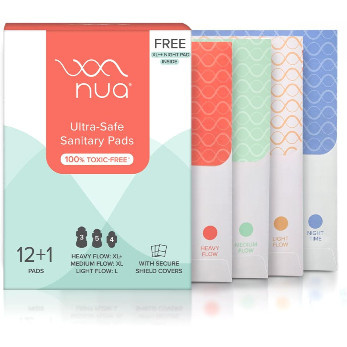 Nua Ultra-Safe 12 Sanitary Pads For Women | 3 Sizes In 1 3 Heavy Flow-Xl+, 5 Medium-Xl & 4 Light-L | Safe On Skin | Toxic-Free & Rash-Free | Unscented | Leakproof | With 12 Secure Shield Covers