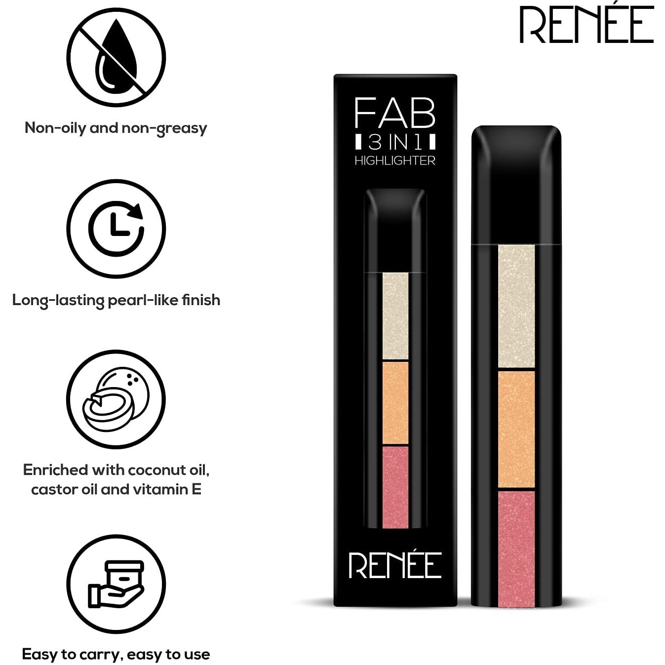 Renee Fab 3In1 Strobe Highlighter Stick | Multi-Shade Highlighter With Vitamin E, Coconut & Castor Oil | Lightweight, Shimmery & Long-Lasting Finish | Travel-Friendly Design For All Skin Tones
