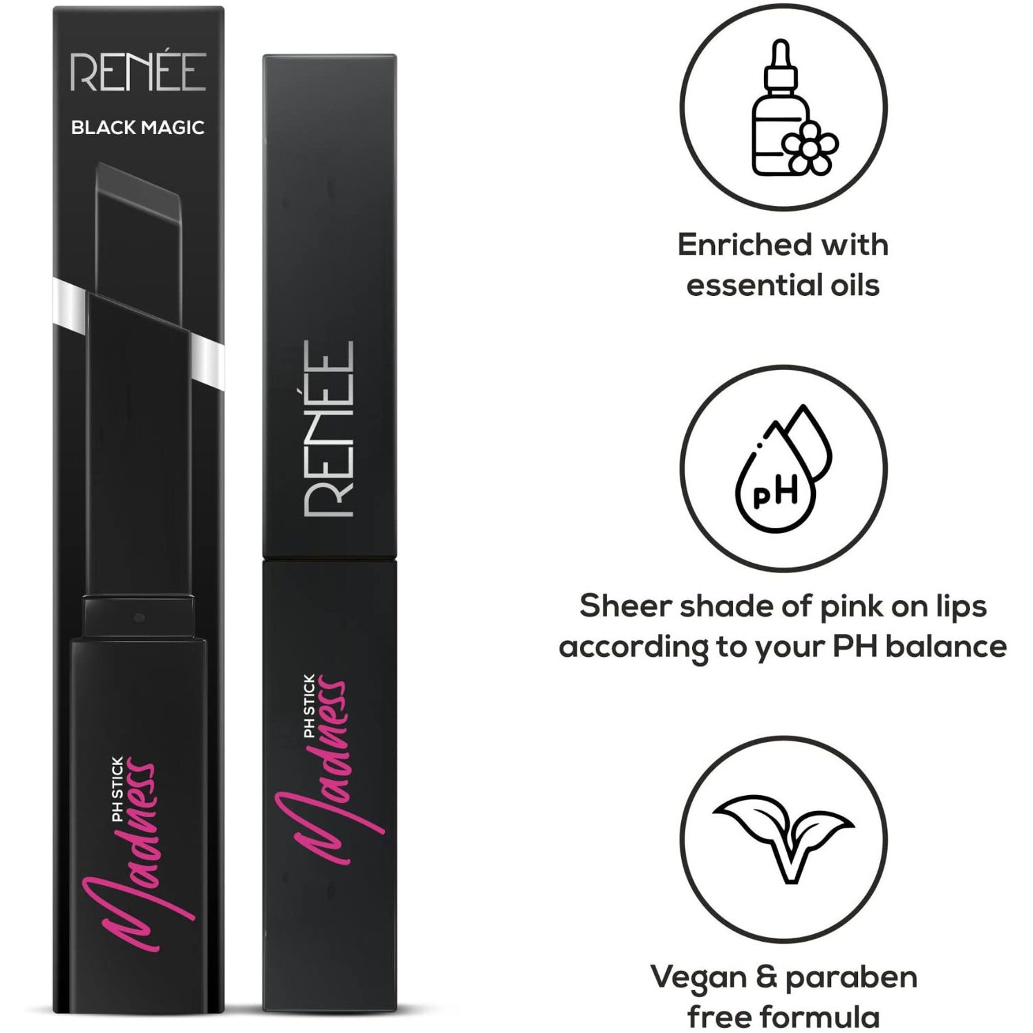 Renee Madness Ph Lipstick 3Gm - Black Lipstick With Glossy Pink Payoff - Long Lasting Nourishment, Enriched With Vitamin E & Jojoba Oil - Vegan & Paraben Free