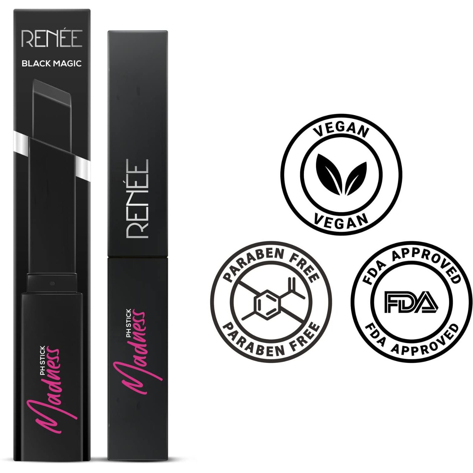 Renee Madness Ph Lipstick 3Gm - Black Lipstick With Glossy Pink Payoff - Long Lasting Nourishment, Enriched With Vitamin E & Jojoba Oil - Vegan & Paraben Free