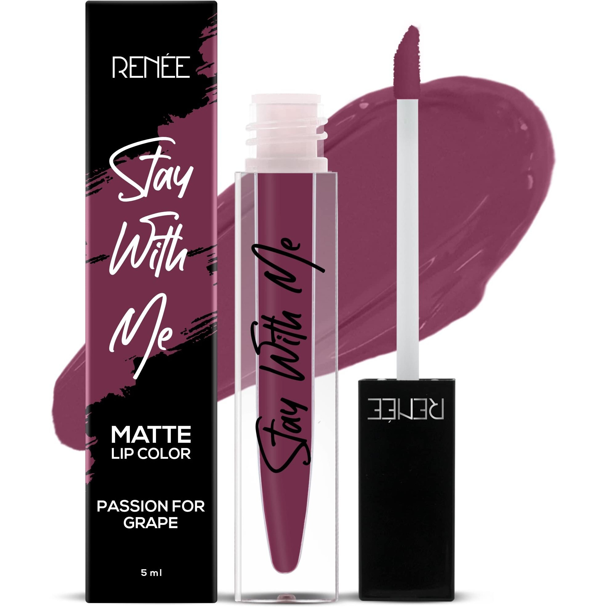Renee Stay With Me Matte Liquid Lipstick, Long Lasting, Non Transfer, Water & Smudge Proof, Light Weight Liquid Lipstick, Passion For Grape, 5Ml