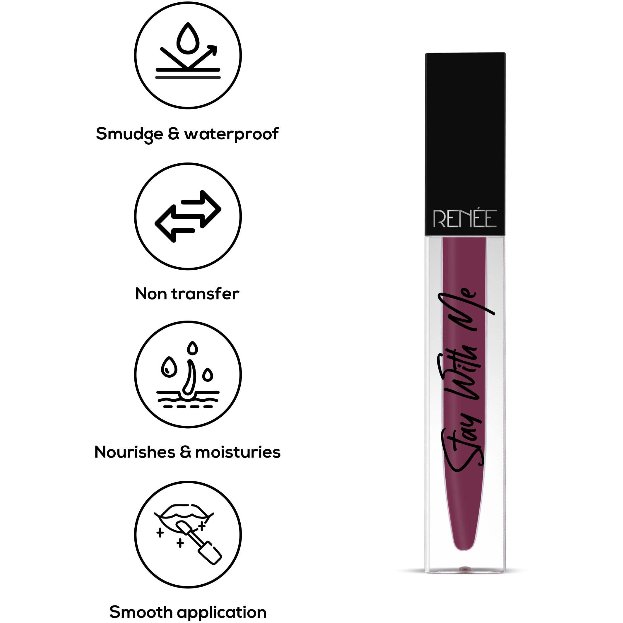 Renee Stay With Me Matte Liquid Lipstick, Long Lasting, Non Transfer, Water & Smudge Proof, Light Weight Liquid Lipstick, Passion For Grape, 5Ml