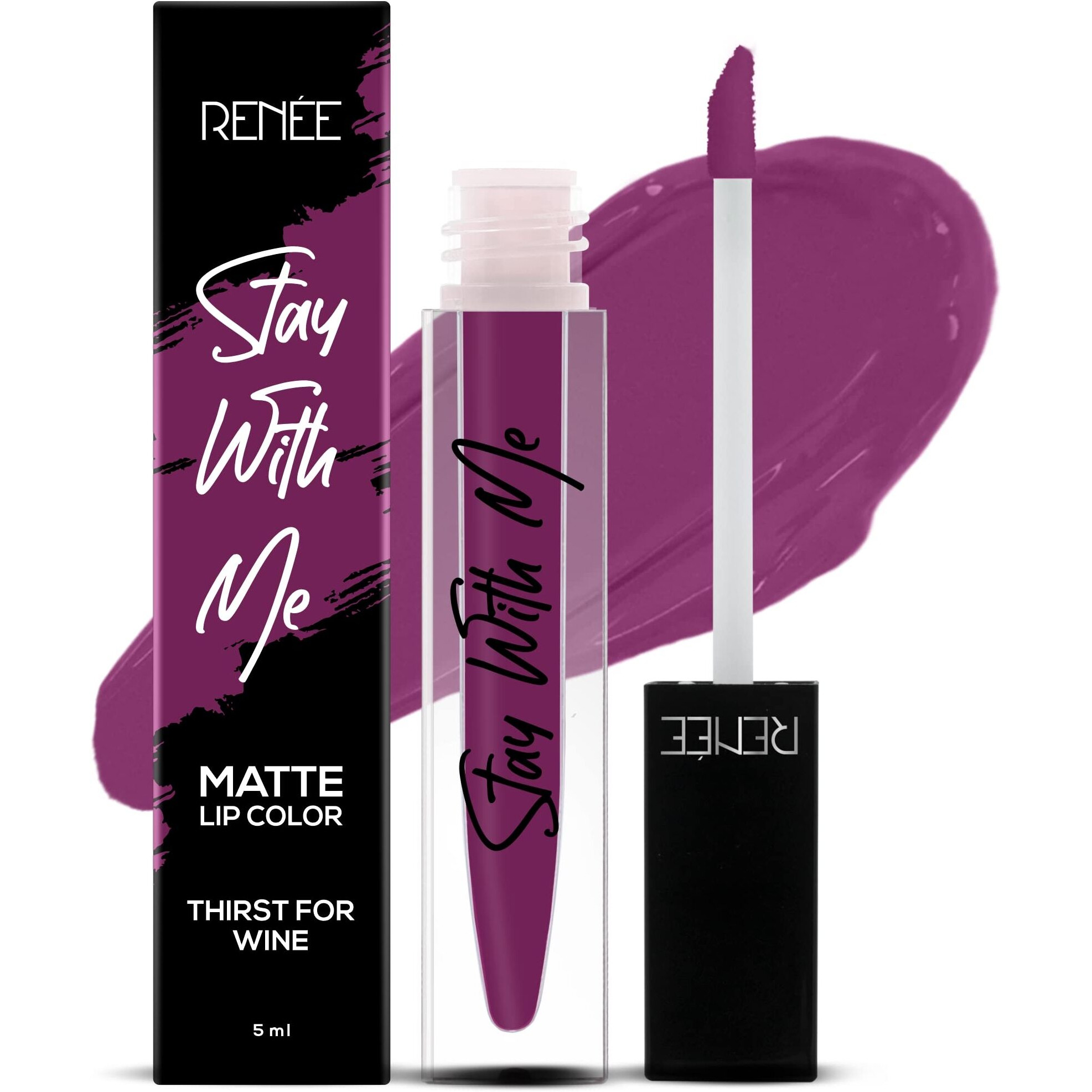 Renee Stay With Me Matte Liquid Lipstick, Long Lasting, Non Transfer, Water & Smudge Proof, Light Weight Liquid Lipstick, Thirst For Wine, 5Ml