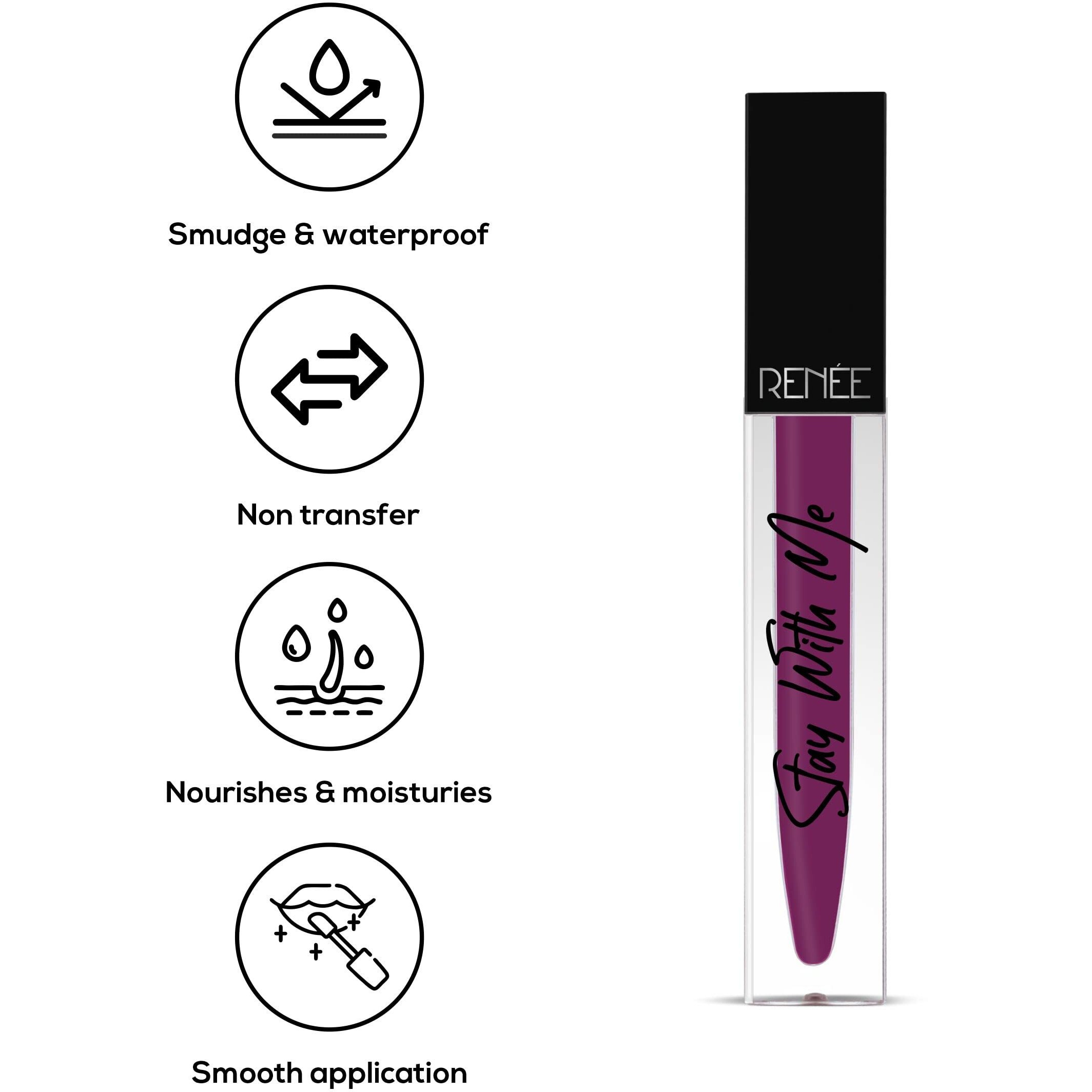 Renee Stay With Me Matte Liquid Lipstick, Long Lasting, Non Transfer, Water & Smudge Proof, Light Weight Liquid Lipstick, Thirst For Wine, 5Ml