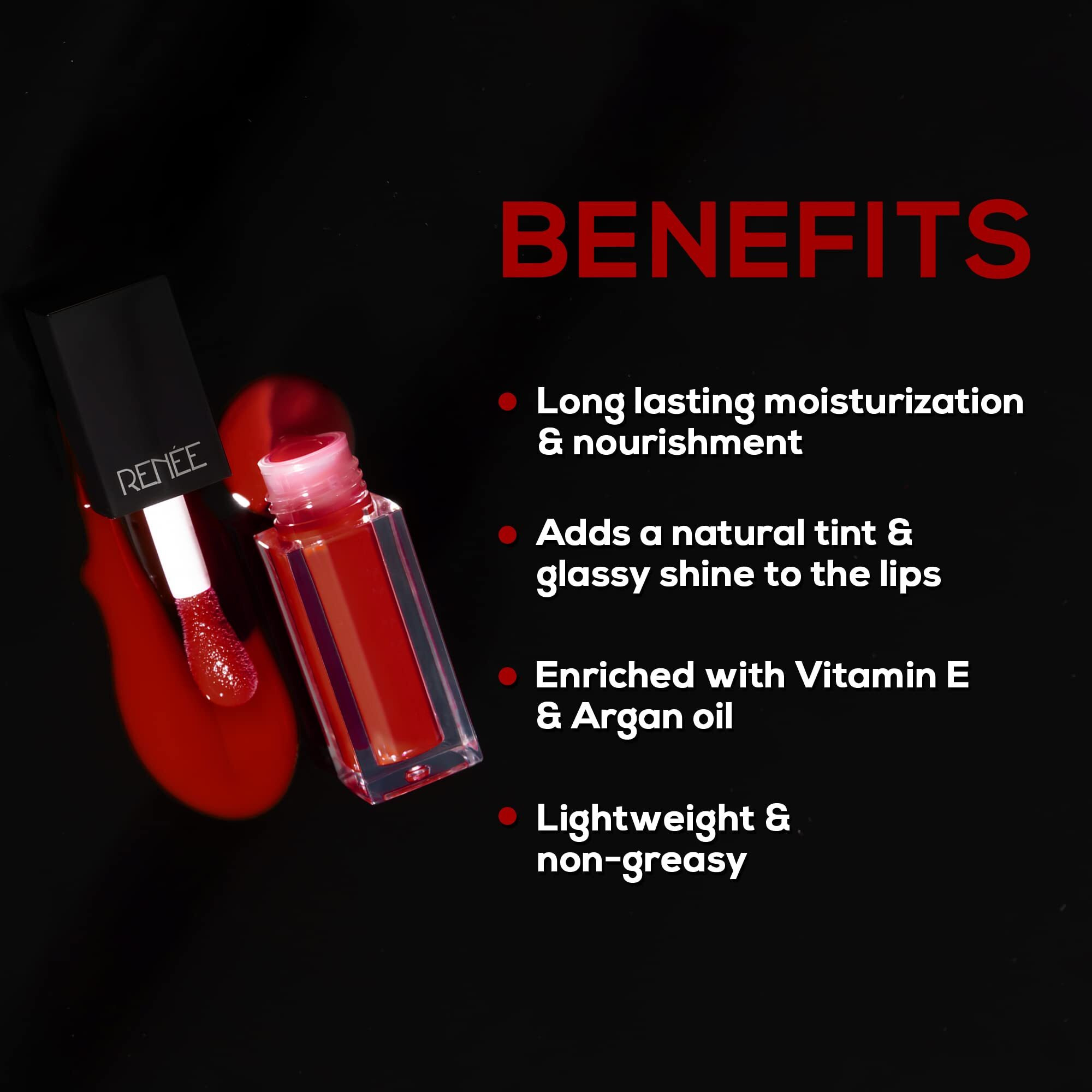 Renee Super Natural Tinted Lip Oil Red Velvet 3Ml, Long Lasting Moisturization & Nourishment | Enriched With Vitamin E & Argon Oil