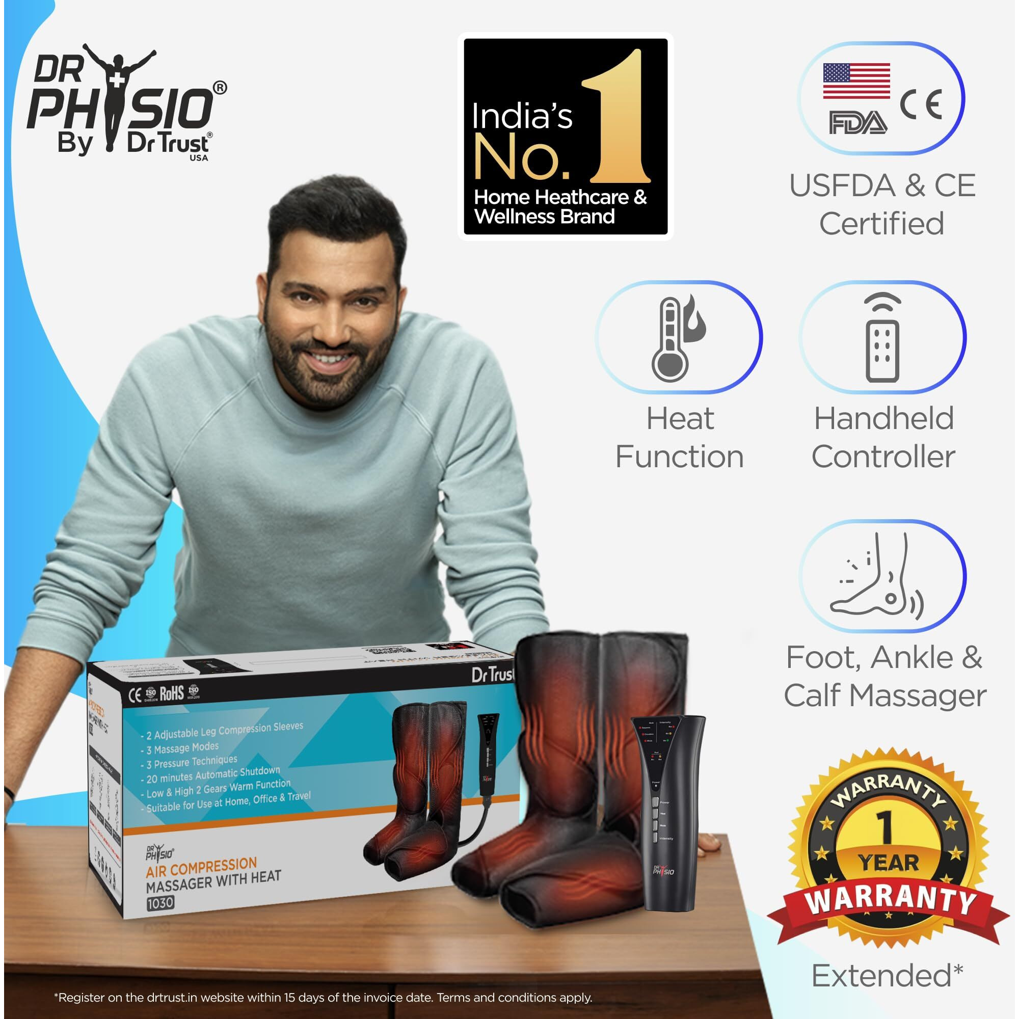 Dr Physio Usa Electric Air Compression Blood Circulation Massage Machine With Heat For Leg Foot Calf Massagers For Body Pain Relief-1030 (Black)