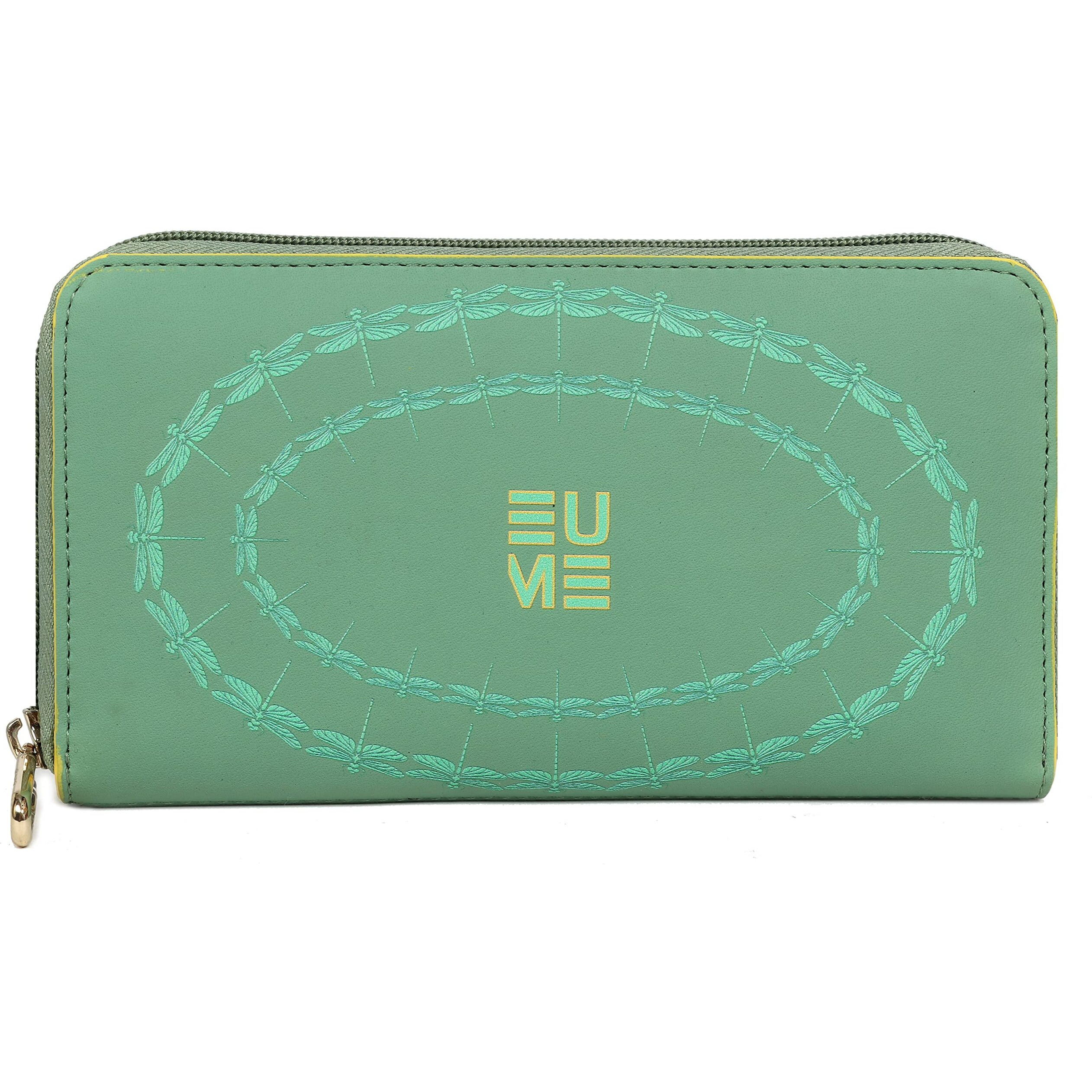 Eume Bandwing Wing Vegan Leather Dragonfly Uv Printed Wallet For Women | Ladies Purse With Card Holders Phone Pocket | Purse For Women |Basil Green Color