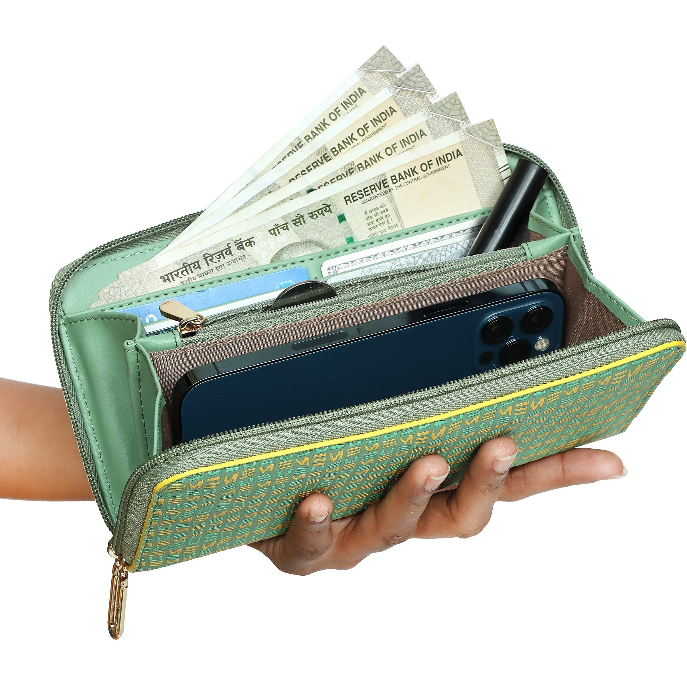 Eume Bandwing Wing Vegan Leather Dragonfly Uv Printed Wallet For Women | Ladies Purse With Card Holders Phone Pocket | Purse For Women |Basil Green Color