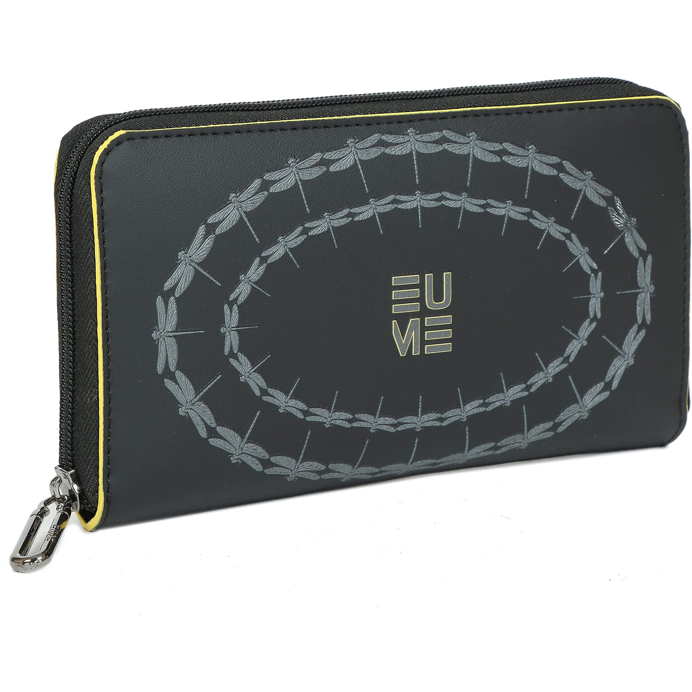 Eume Bandwing Wing Vegan Leather Dragonfly Uv Printed Wallet For Women | Ladies Purse With Card Holders Phone Pocket | Purse For Women |Black