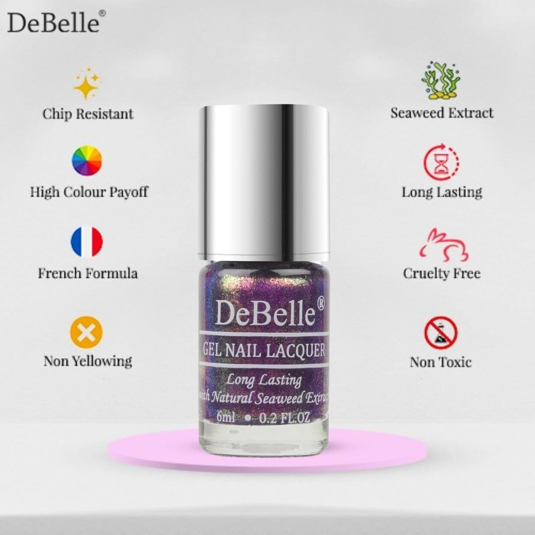 Debelle Gel Nail Polish Delightful Daphne(Duo Holo Purple Glitter Nail Paint)| Non Uv - Gel Finish |Chip Resistant | Seaweed Enriched Formula| Long Lasting|Cruelty And Toxic Free| 6Ml