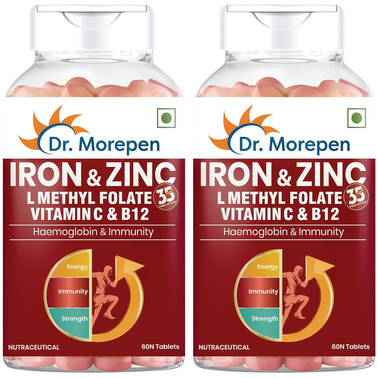 Dr. Morepen Iron & Zinc Tablets|Enriched With Iron,Zinc,Vitamin C & B12|Natural & Safe For Unisex|60 Veg Tablets (Pack Of 2), 500 Grams