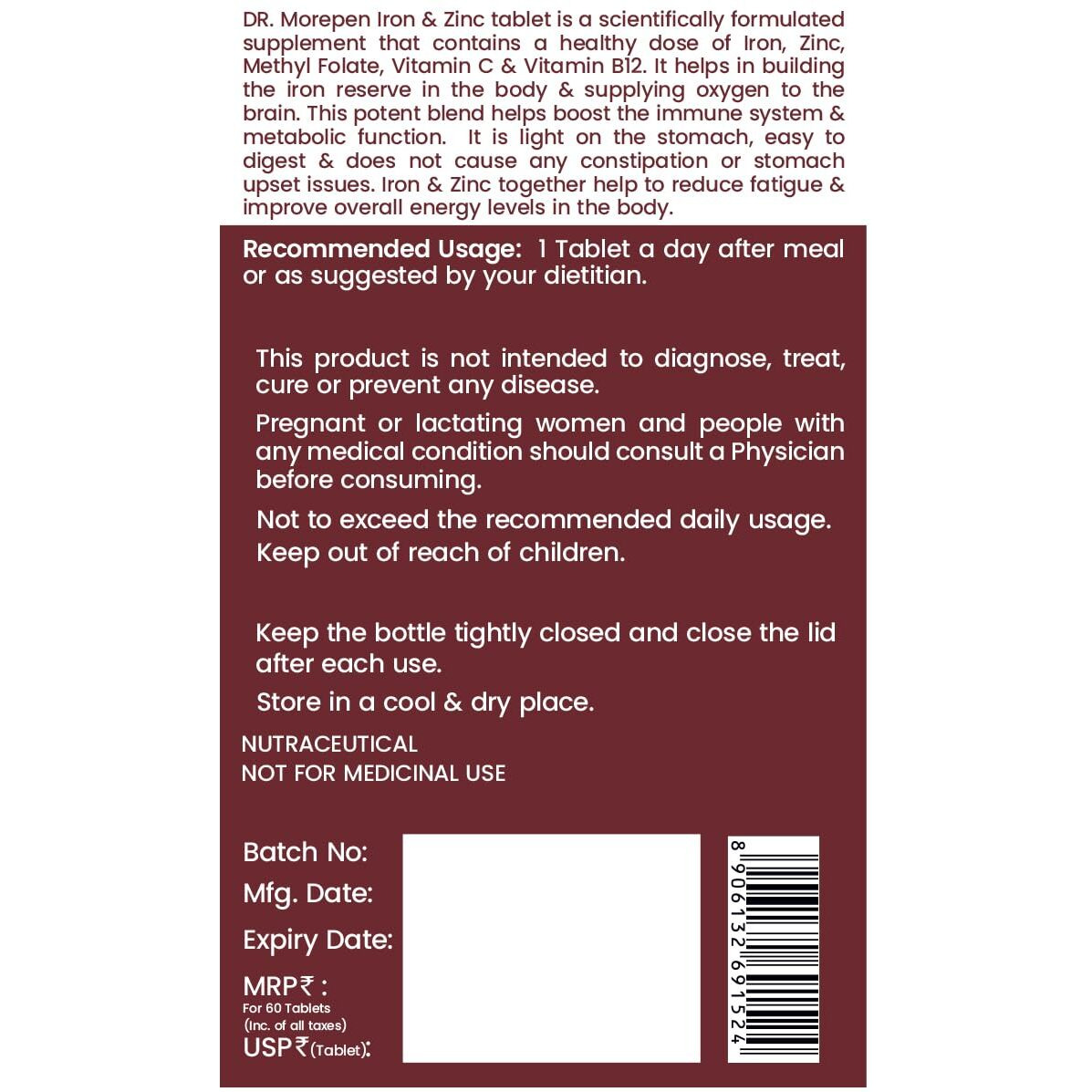 Dr. Morepen Iron & Zinc Tablets|Enriched With Iron,Zinc,Vitamin C & B12|Natural & Safe For Unisex|60 Veg Tablets (Pack Of 2), 500 Grams