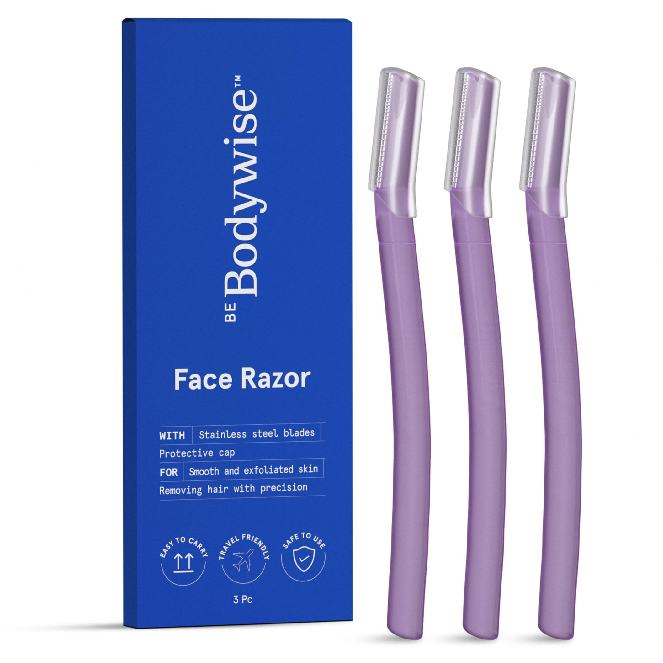 Be Bodywise Reusable Face Razor For Women - Pack Of 3 | Instant & Painless Hair Removal | For Eyebrows, Upper Lip, Forehead, Peach Fuzz, Chin And Sideburns | Stainless Steel Blade & Firm Grip | Purple