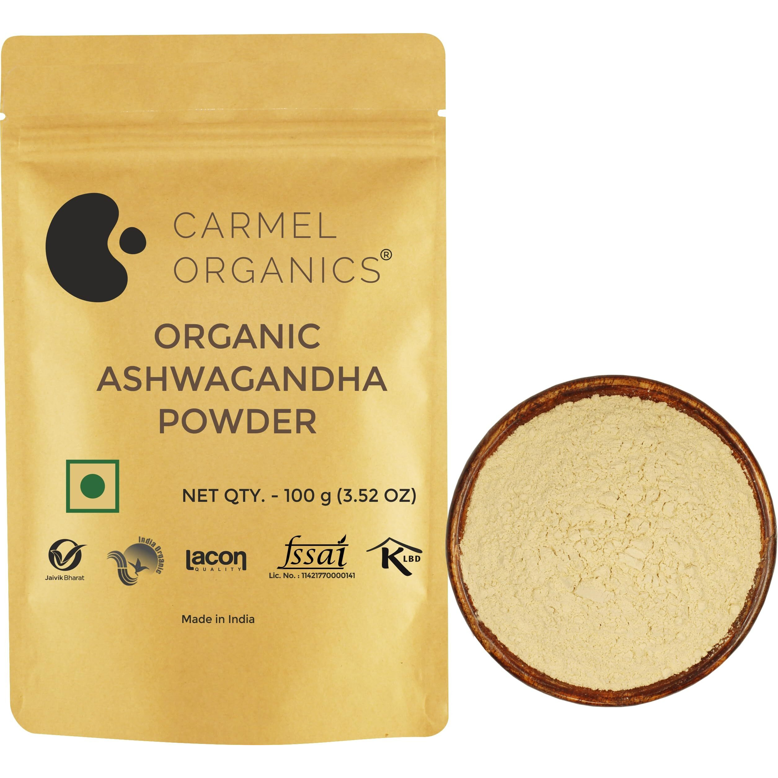 Carmel Organics Ashwagandha Root Powder, 100 Grams, Jaivik Bharat Certified, Pure Natural | Helps Fight Anxiety And Stress | Ashwagandha Podi/Amukkara Kizhangu/Asvagandha Churna