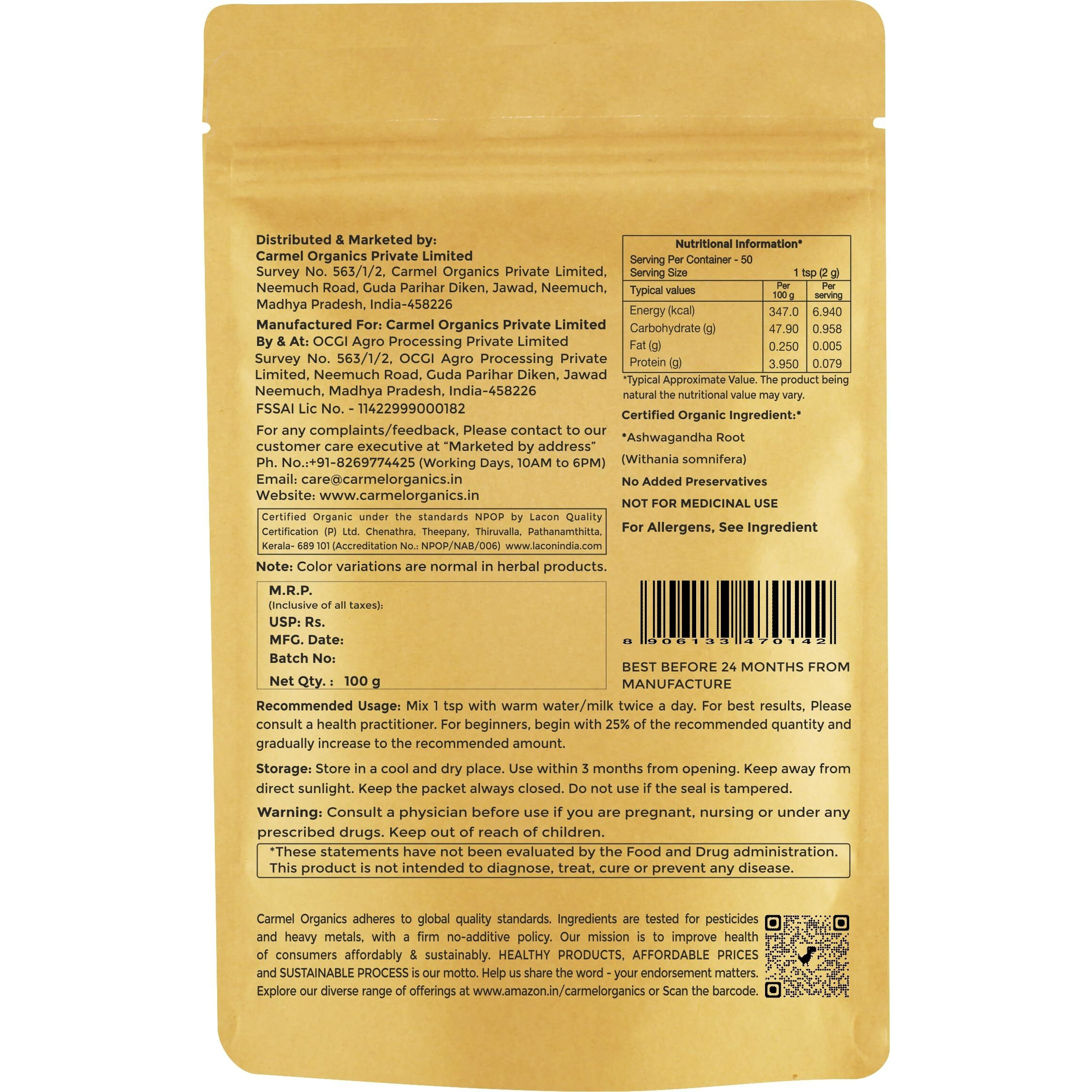 Carmel Organics Ashwagandha Root Powder, 100 Grams, Jaivik Bharat Certified, Pure Natural | Helps Fight Anxiety And Stress | Ashwagandha Podi/Amukkara Kizhangu/Asvagandha Churna