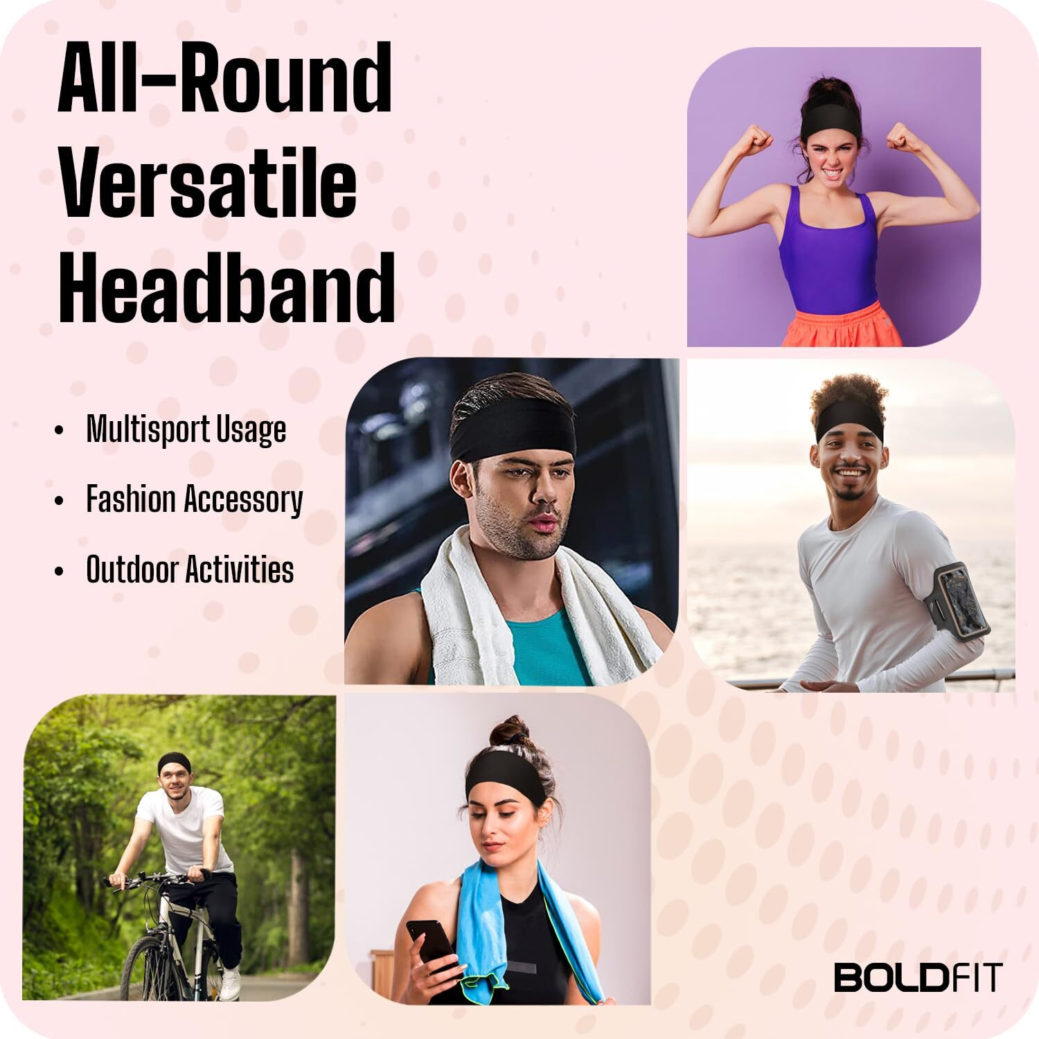 Boldfit Cotton Headband For Men & Women - Head Band Strapless Sports Sweat Band For Gym, Tennis, Badminton And Other Sports - Unisex Hair Band With Non-Slip Head Bands For Long Hair -Black, Pack Of 1