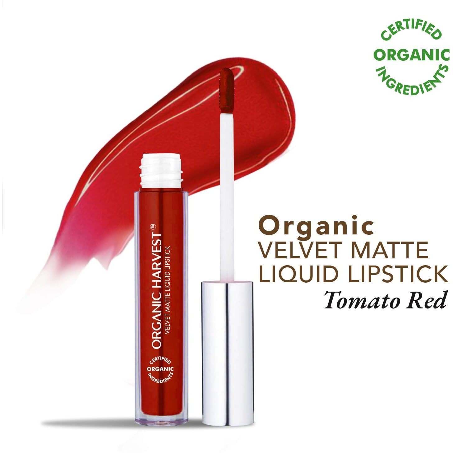 Organic Harvest Velvet Matte Liquid Lipstick - Tomato Red | Long-Lasting Red Lipstick | Waterproof & Smudge-Proof | Transfer-Proof Hydrating Formula | Certified Organic | Cruelty-Free & Vegan, 2.6Ml