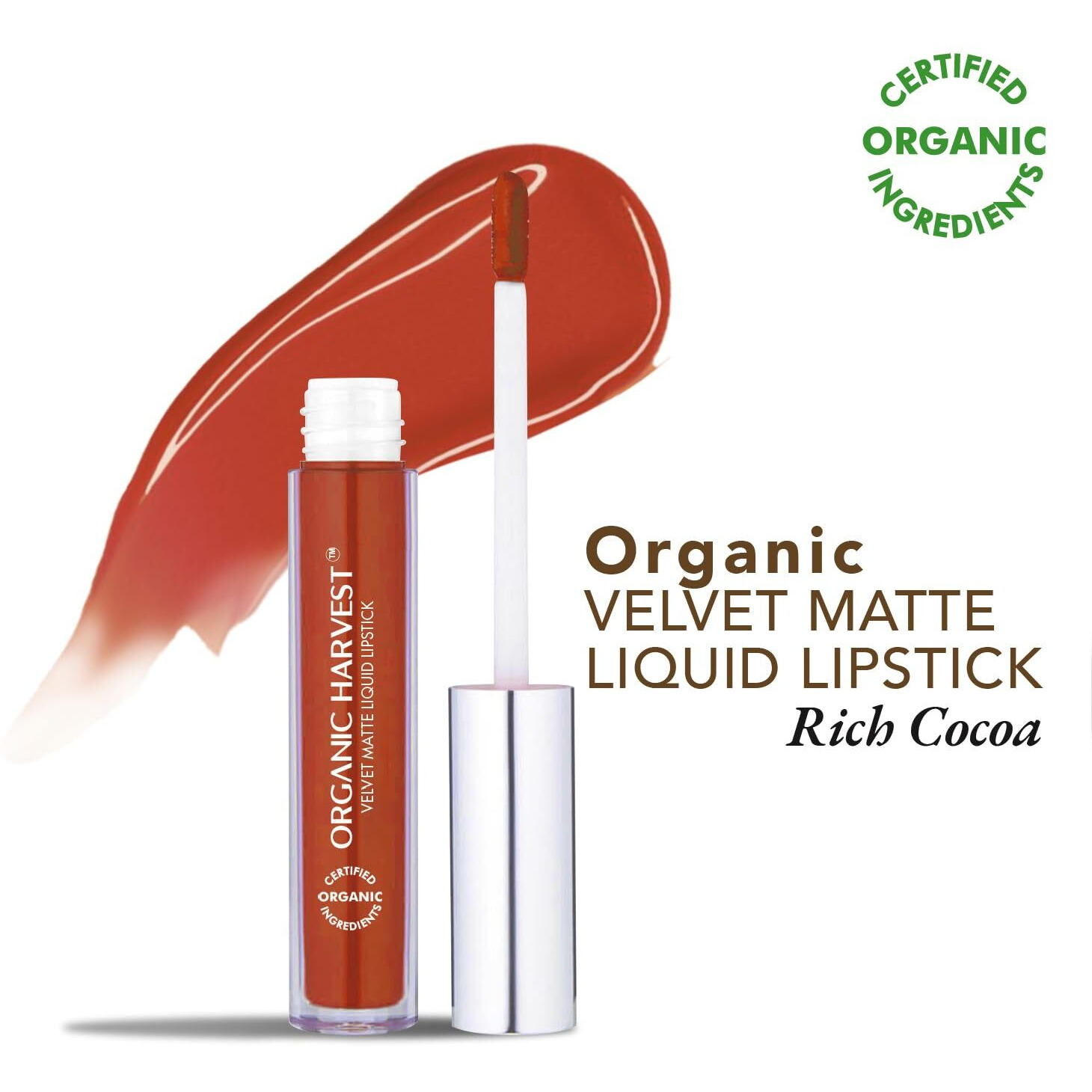 Organic Harvest Velvet Matte Liquid Lipstick - Rich Cocoa | Long-Lasting Brown Lipstick | Waterproof & Smudge-Proof | Transfer-Proof Hydrating Formula | Certified Organic | Cruelty-Free & Vegan, 2.6Ml