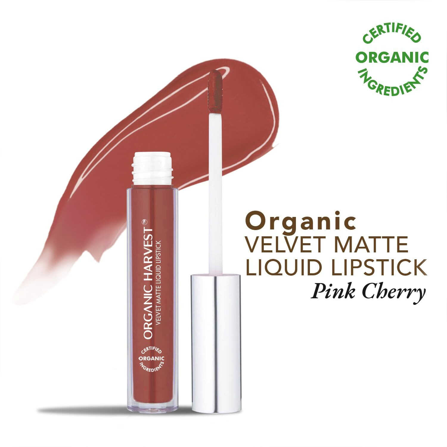 Organic Harvest Velvet Matte Liquid Lipstick - Pink Cherry | Long-Lasting Pink Lipstick | Waterproof & Smudge-Proof | Transfer-Proof Hydrating Formula | Certified Organic | Cruelty-Free & Vegan, 2.6Ml