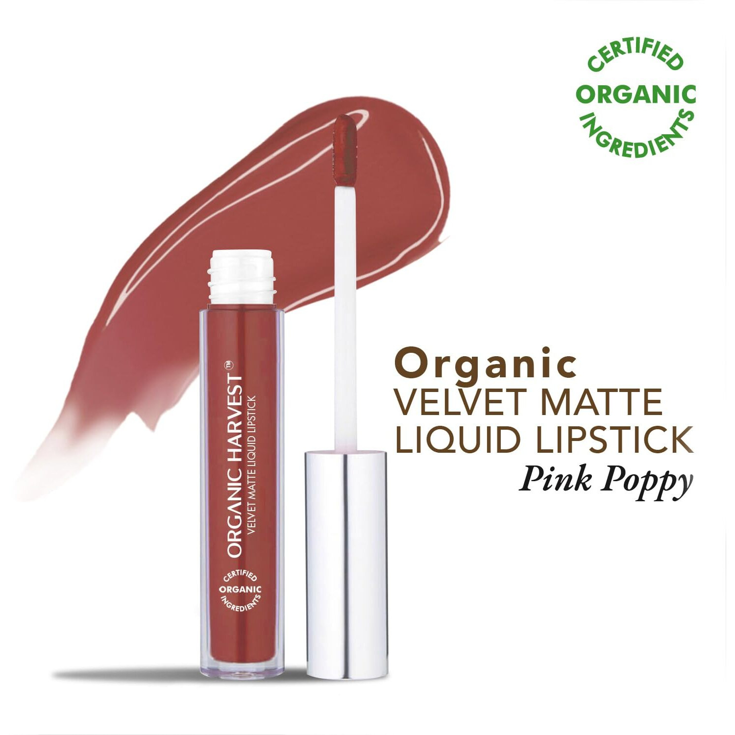 Organic Harvest Velvet Matte Liquid Lipstick - Pink Poppy | Long-Lasting Pink Lipstick | Waterproof & Smudge-Proof | Transfer-Proof Hydrating Formula | Certified Organic | Cruelty-Free & Vegan, 2.6Ml