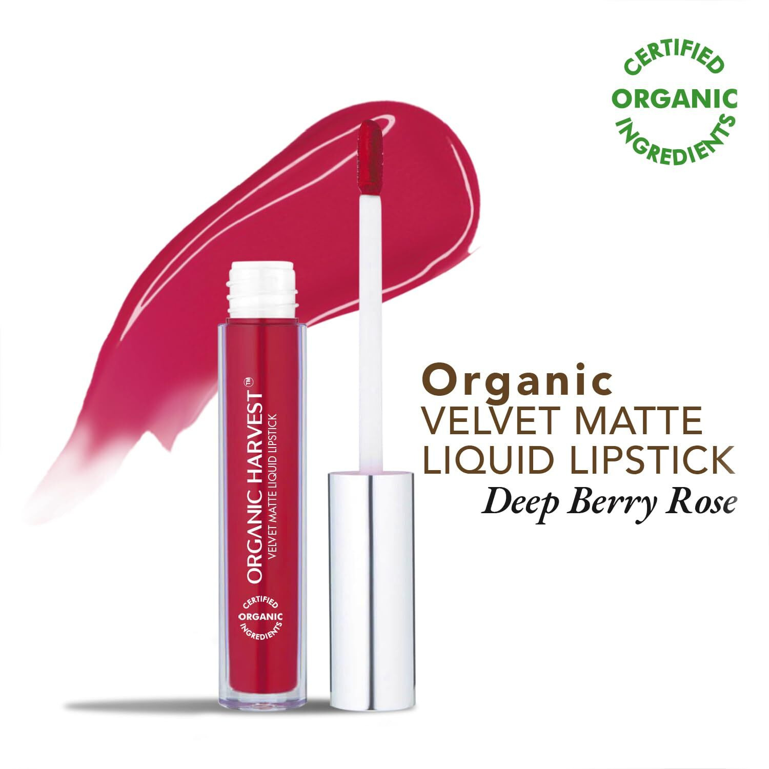 Organic Harvest Velvet Matte Liquid Lipstick - Deep Berry Rose | Long-Lasting Wine Lipstick | Waterproof & Smudge-Proof | Transfer-Proof Formula | Certified Organic | Cruelty-Free & Vegan, 2.6Ml