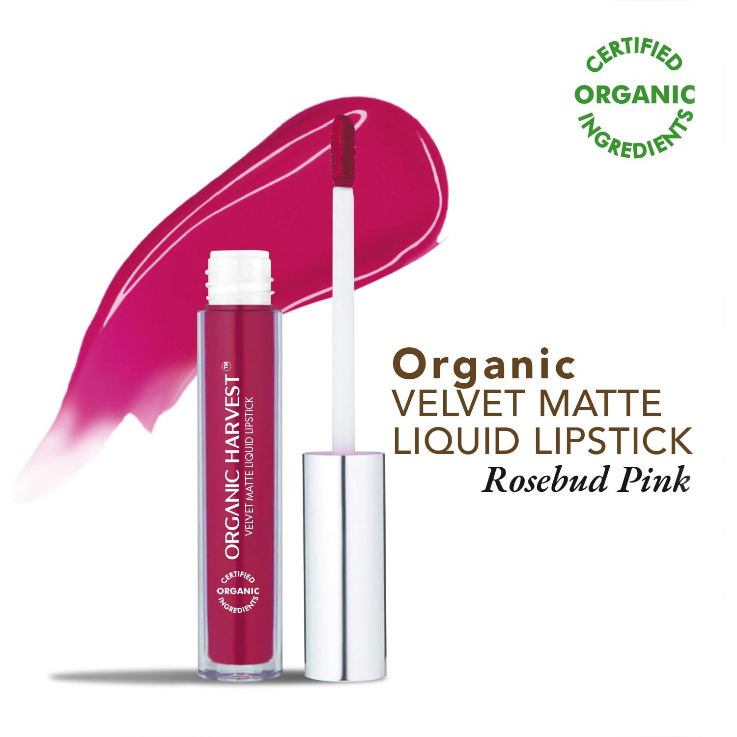 Organic Harvest Velvet Matte Liquid Lipstick Rosebud Pink | Long-Lasting Pink Lipstick | Waterproof & Smudge-Proof | Transfer-Proof Hydrating Formula | Certified Organic | Cruelty-Free & Vegan, 2.6Ml