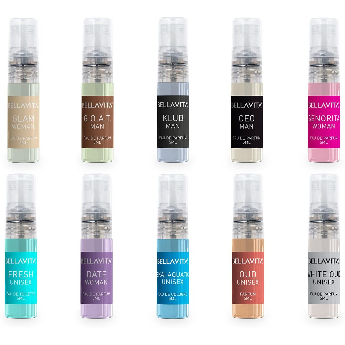 Bella Vita Luxury Men & Women Trial Pack Of 10 X 5Ml Pocket Aerosol Perfumes Unisex Fresh Scent Fragrance Mix Of Edp, Edt & Edc Long Lasting Perfume Sweet, Floral, Woody, Musky & Spicy